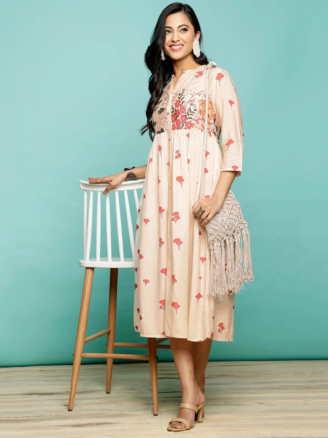 Buy Rayon Printed Shirt Style Calf Length Ethnic Dress-Off White