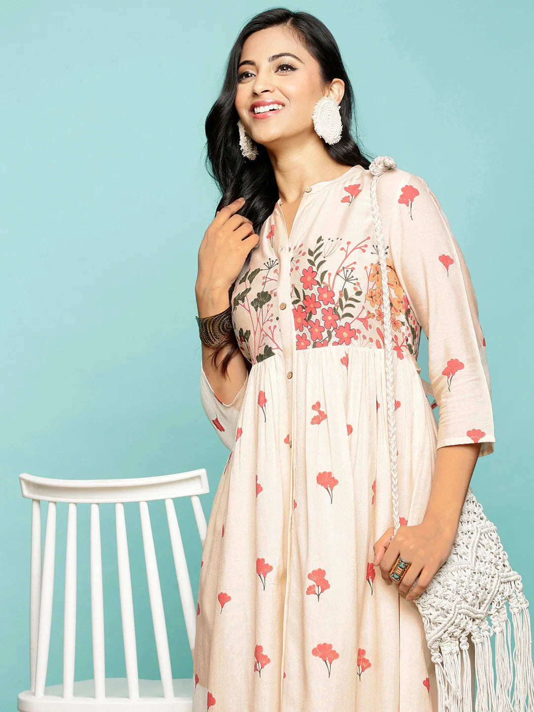 Buy Rayon Printed Shirt Style Calf Length Ethnic Dress-Off White