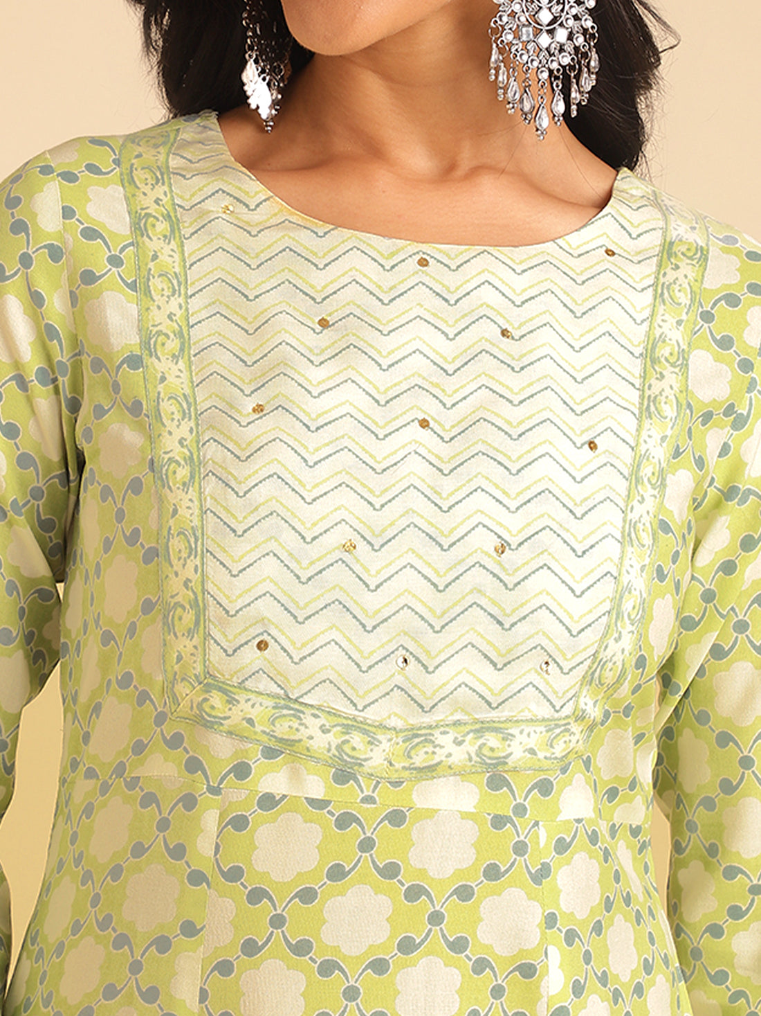 Buy Rayon Sequined Yoke Calf Length A-line Kurta-Green