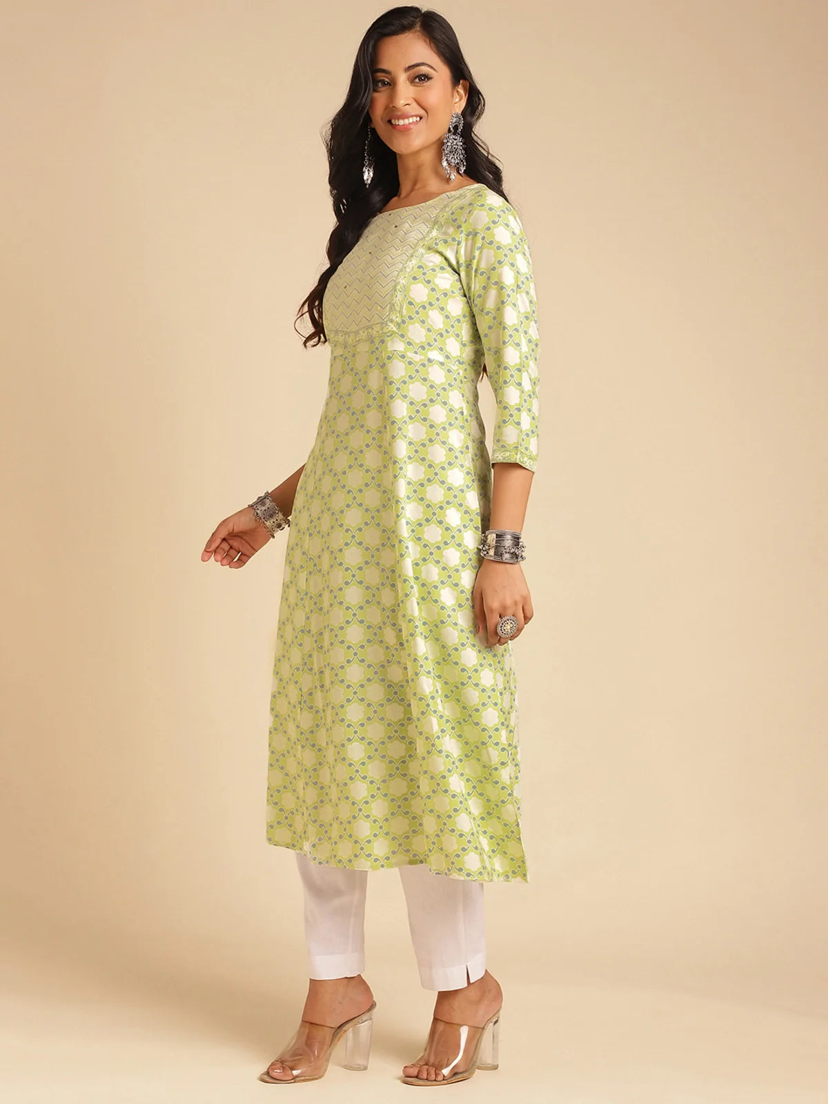 Buy Rayon Sequined Yoke Calf Length A-line Kurta-Green