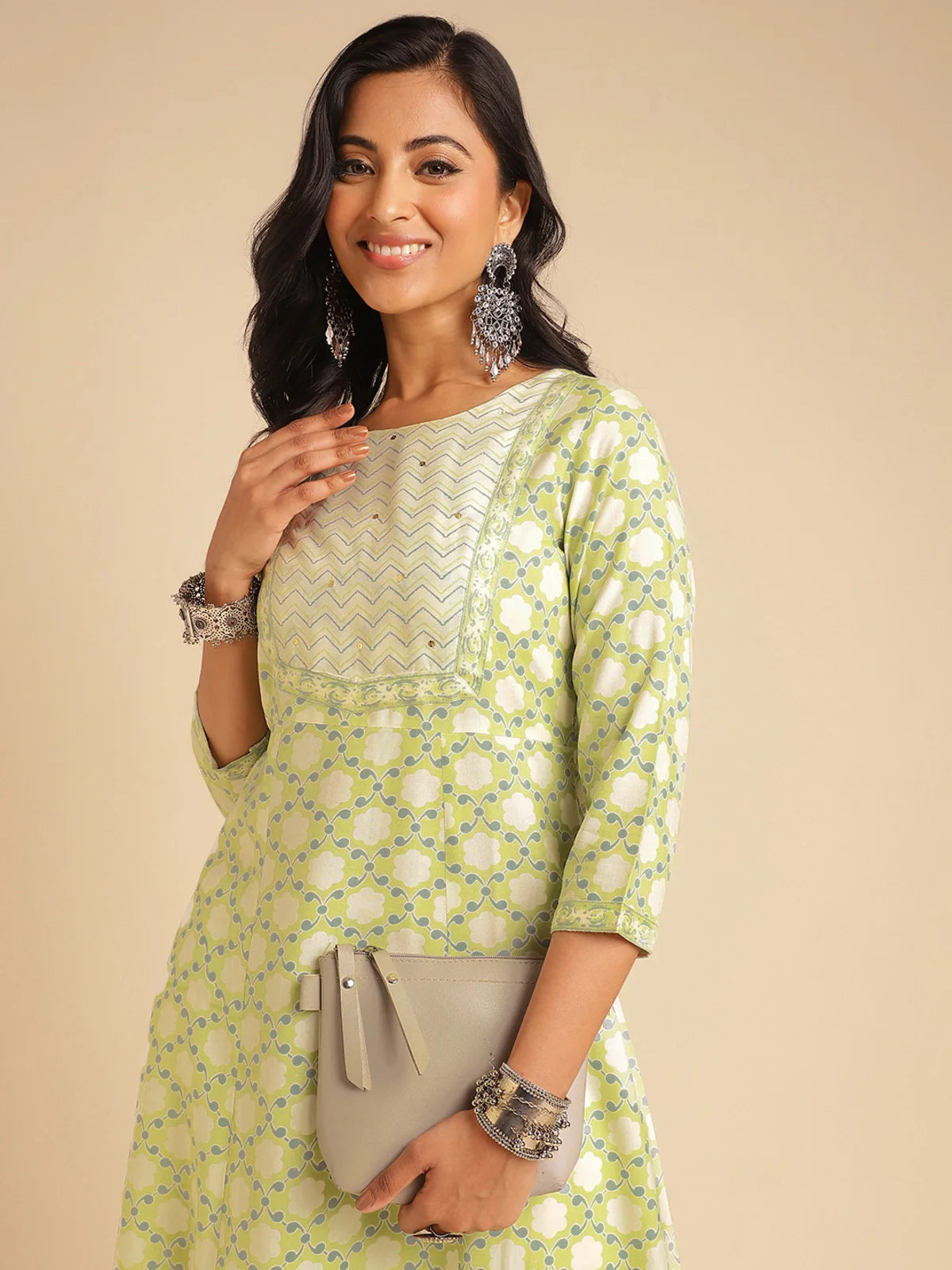 Buy Rayon Sequined Yoke Calf Length A-line Kurta-Green