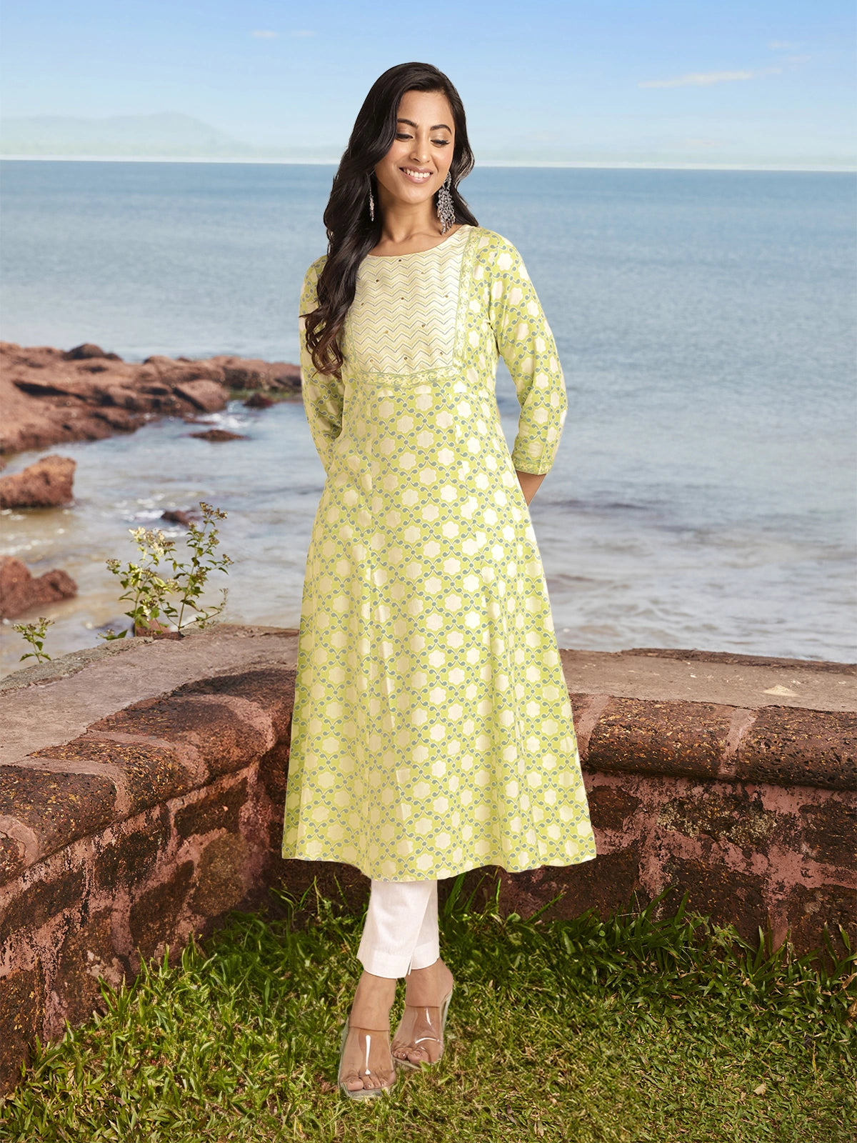 Buy Rayon Sequined Yoke Calf Length A-line Kurta-Green