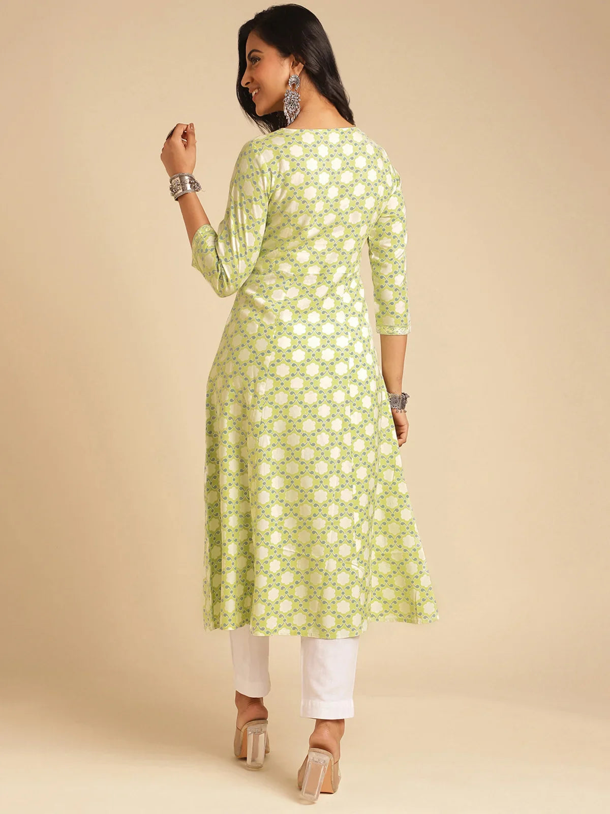 Buy Rayon Sequined Yoke Calf Length A-line Kurta-Green