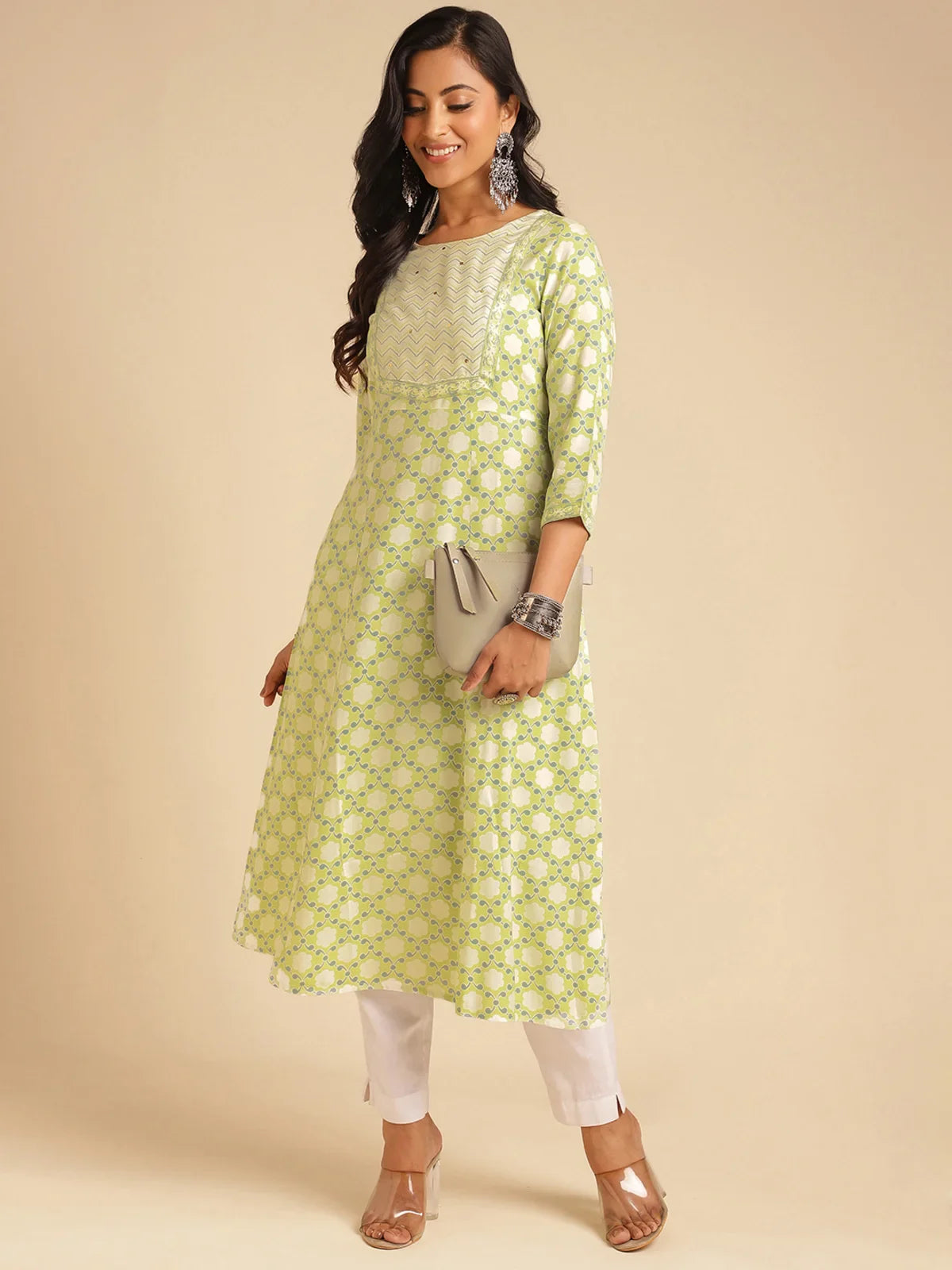 Buy Rayon Sequined Yoke Calf Length A-line Kurta-Green