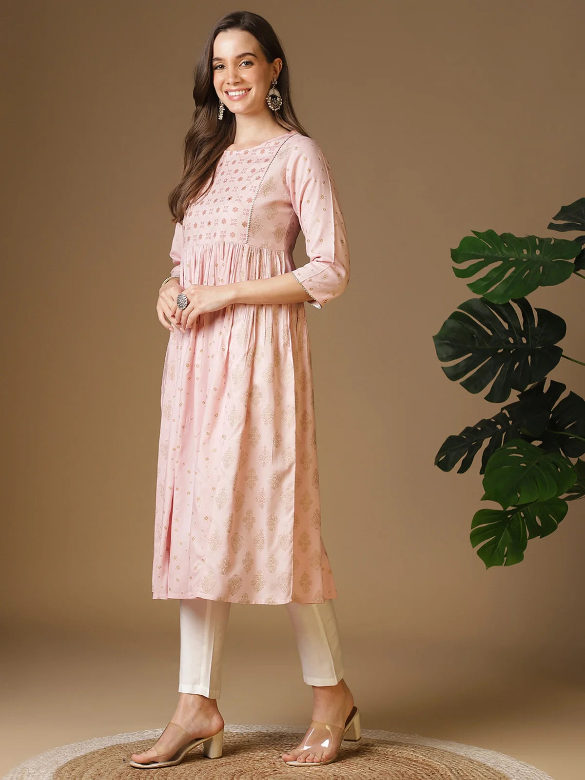 Buy Rayon Sequineed Yoke Calf Length Flared Kurta-Pink