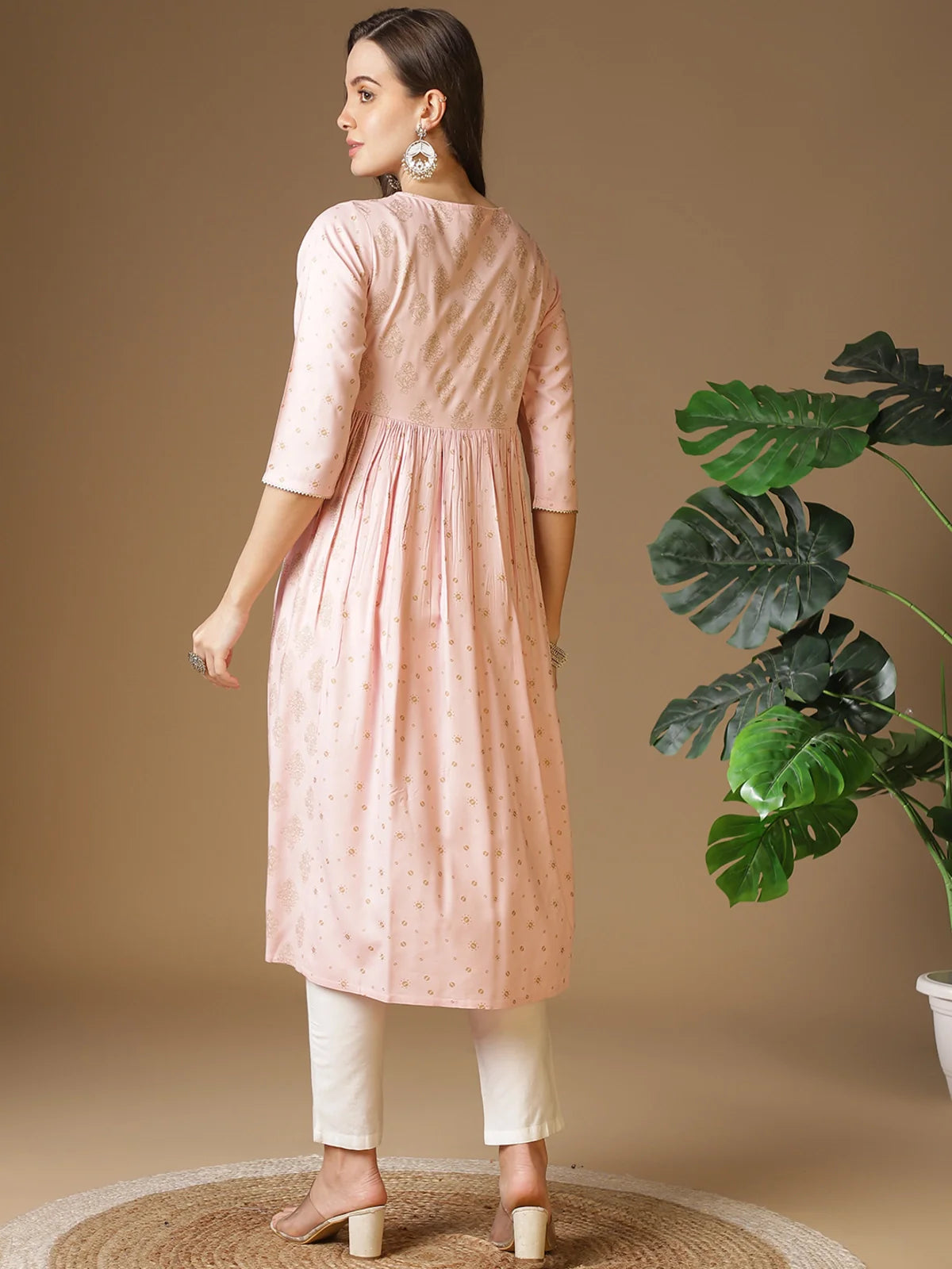 Buy Rayon Sequineed Yoke Calf Length Flared Kurta-Pink