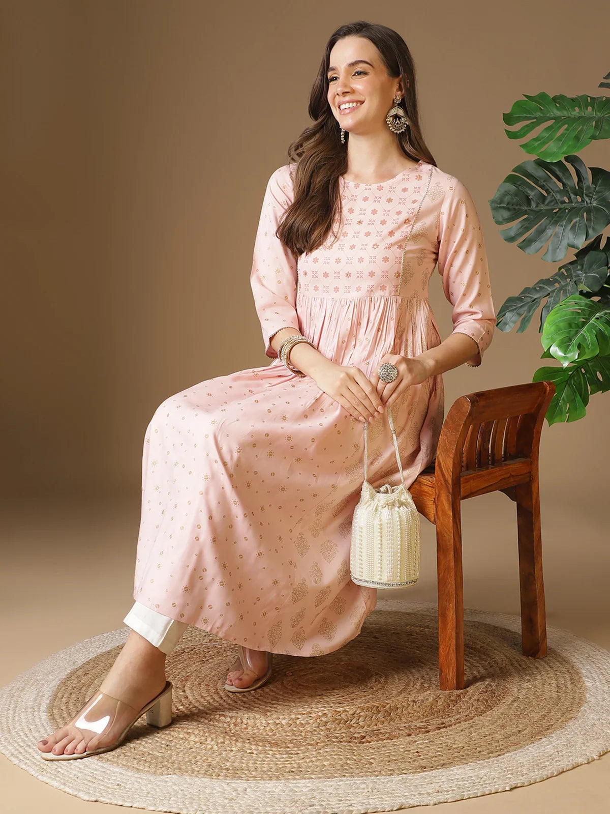 Buy Rayon Sequineed Yoke Calf Length Flared Kurta-Pink