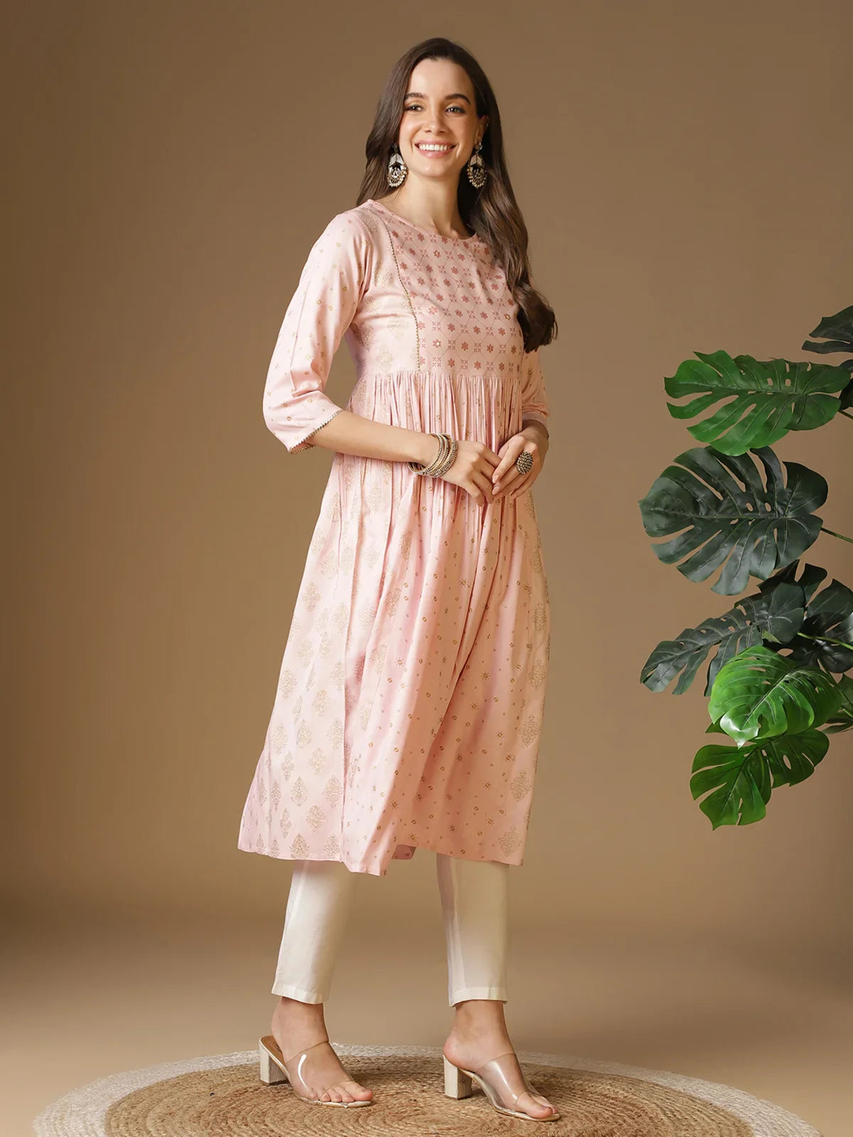 Buy Rayon Sequineed Yoke Calf Length Flared Kurta-Pink