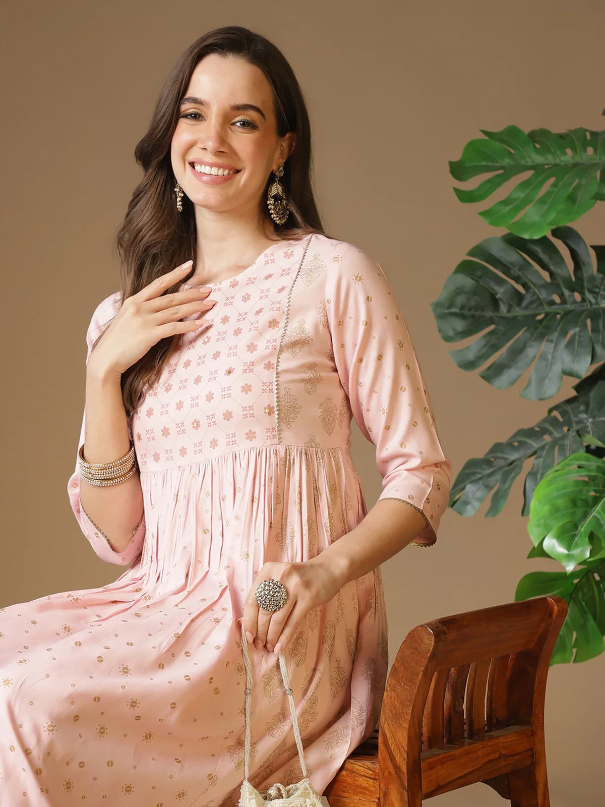 Buy Rayon Sequineed Yoke Calf Length Flared Kurta-Pink