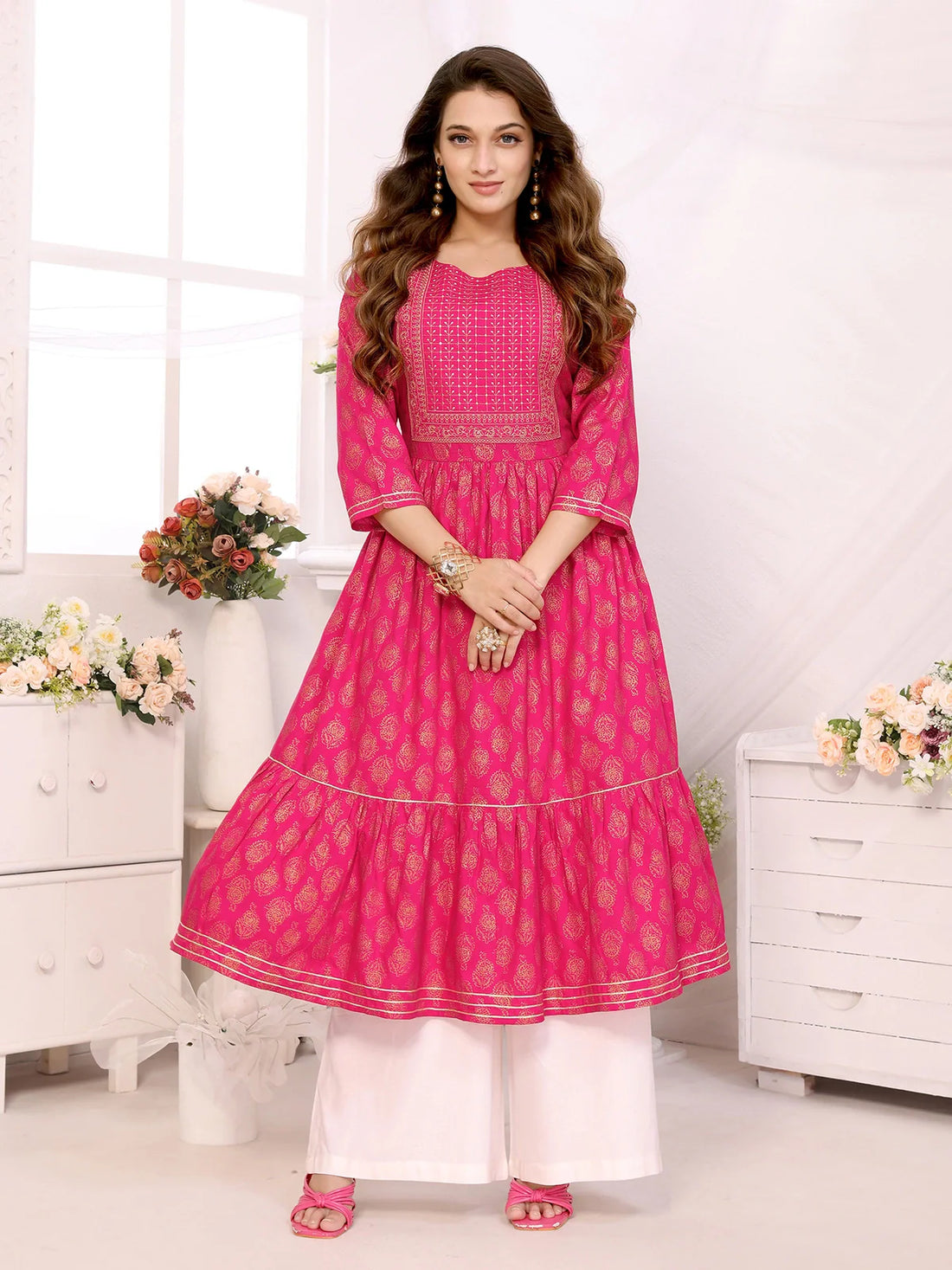 Buy Rayon Embroidered Calf Length Anarkali Kurta-Pink