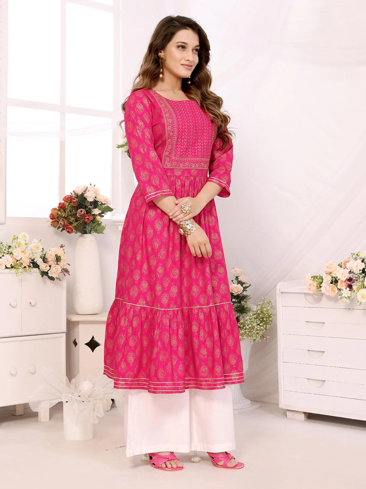 Buy Rayon Embroidered Calf Length Anarkali Kurta-Pink