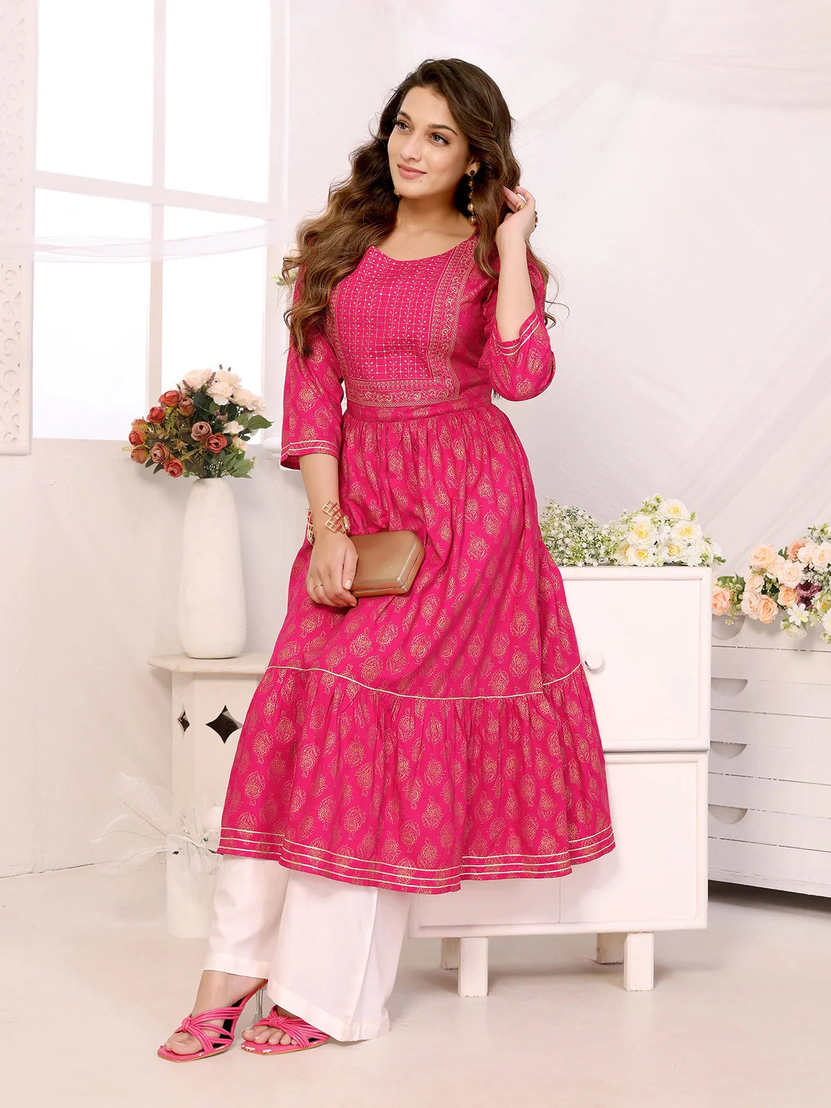 Buy Rayon Embroidered Calf Length Anarkali Kurta-Pink