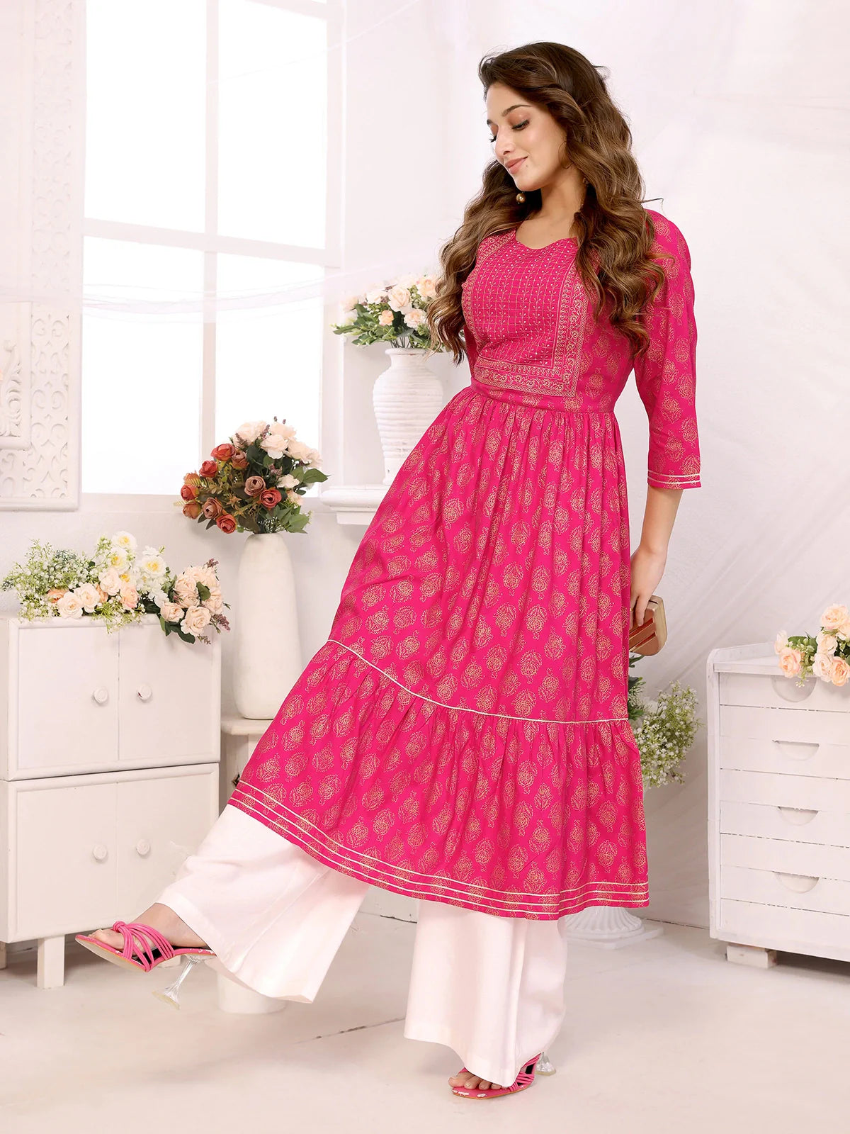 Buy Rayon Embroidered Calf Length Anarkali Kurta-Pink