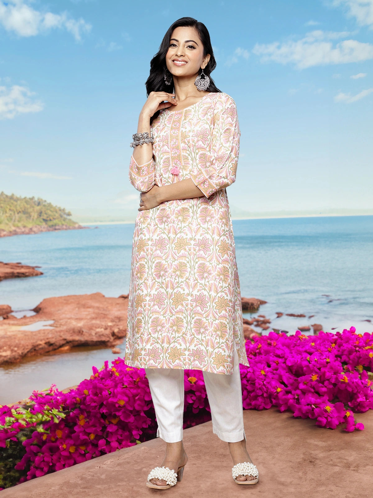 Buy Rayon Floral Printed Knee Length Straight Kurta-Multicolor