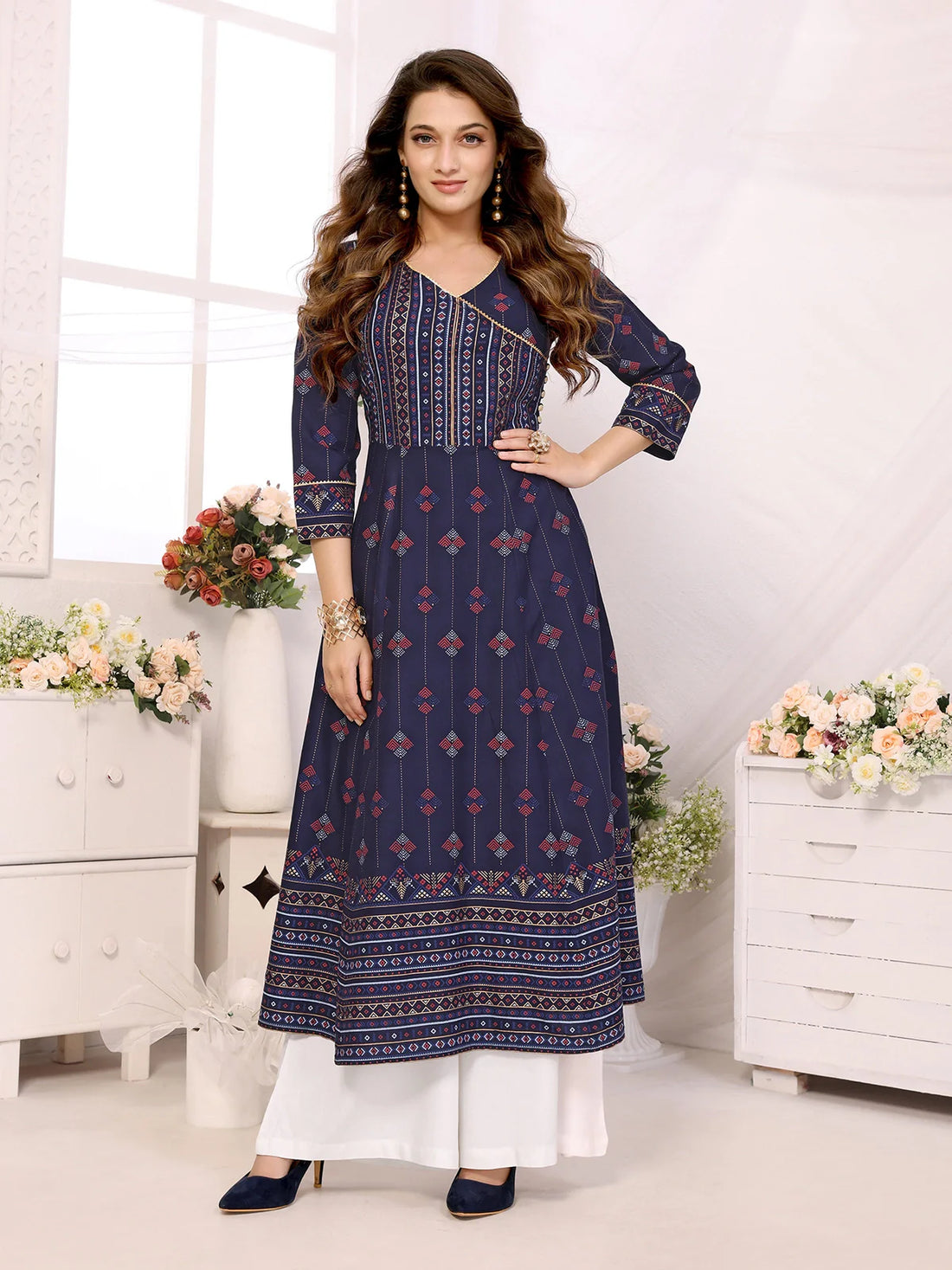 Buy Rayon Printed Calf Length Angrakha Kurta-Navy Blue