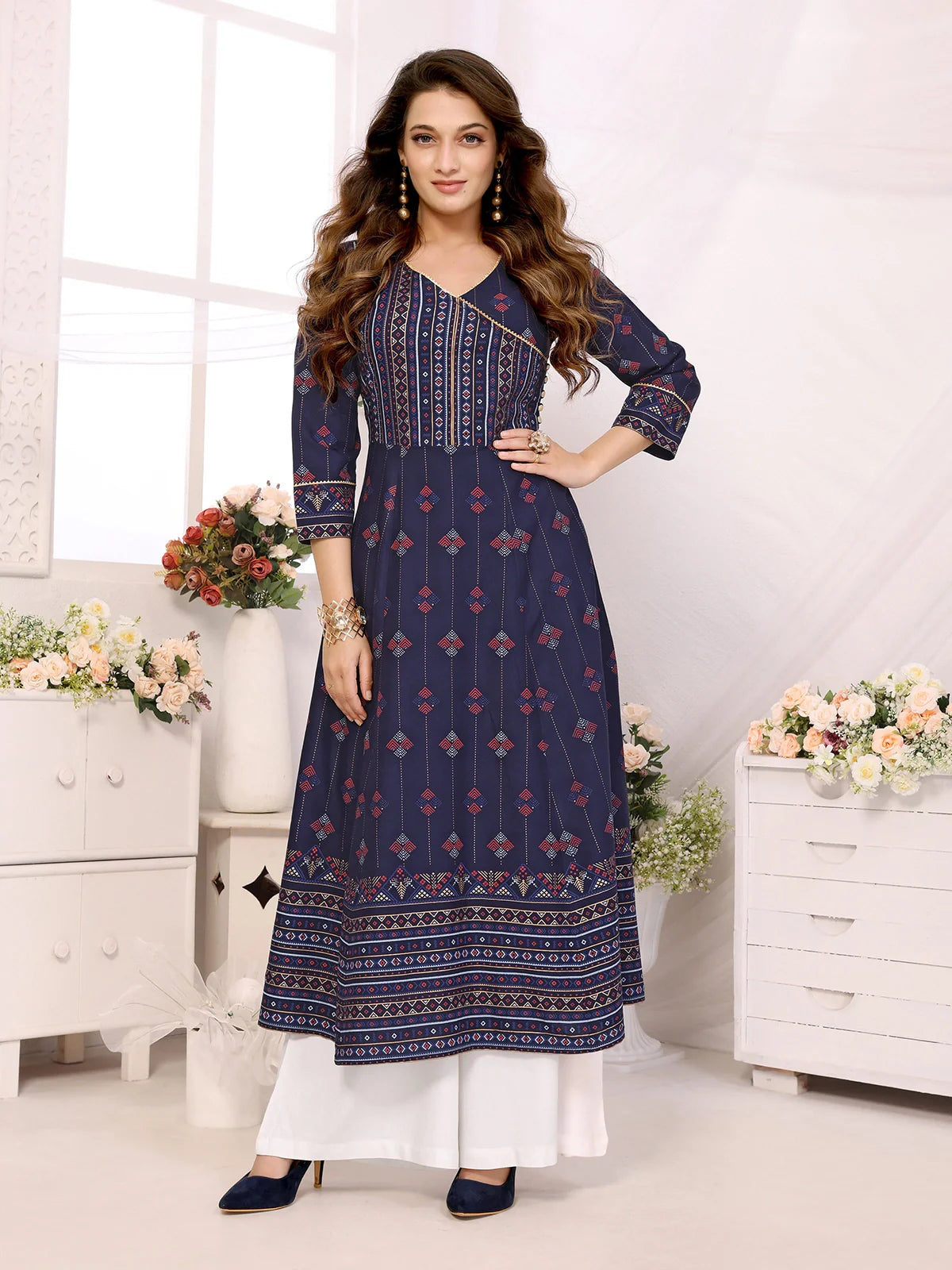 Buy Rayon Printed Calf Length Angrakha Kurta-Navy