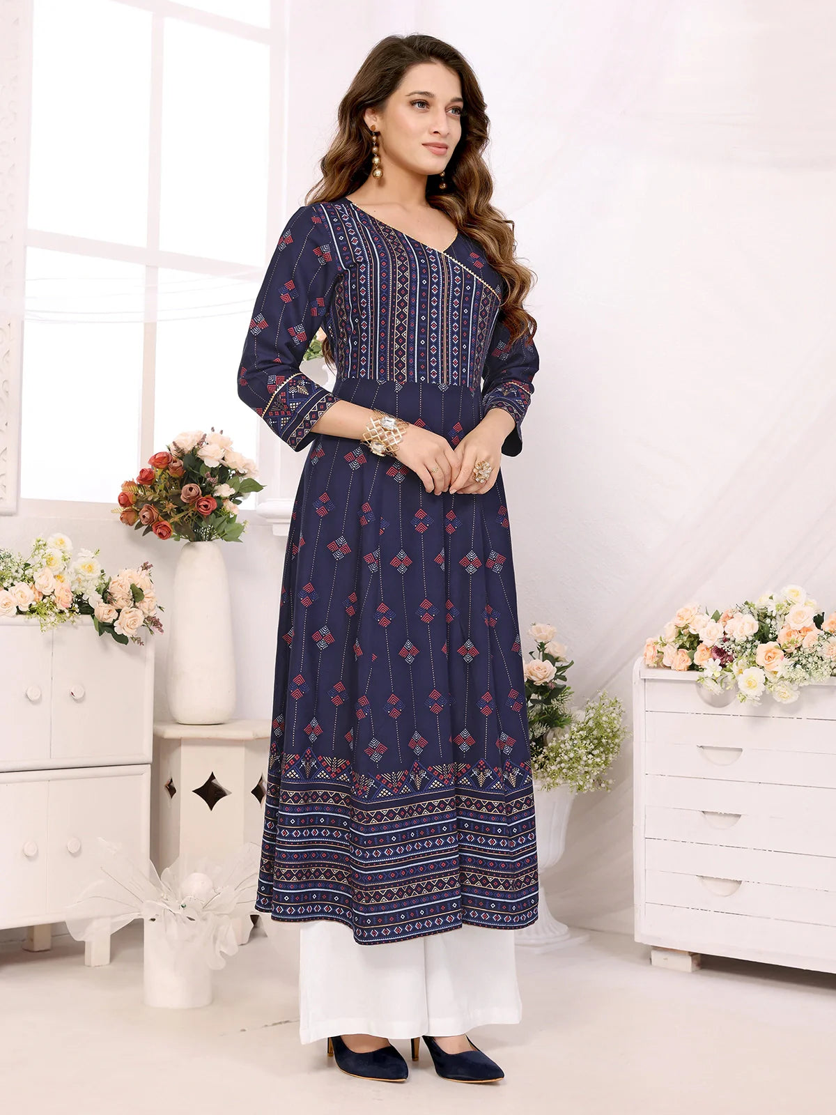 Buy Rayon Printed Calf Length Angrakha Kurta-Navy