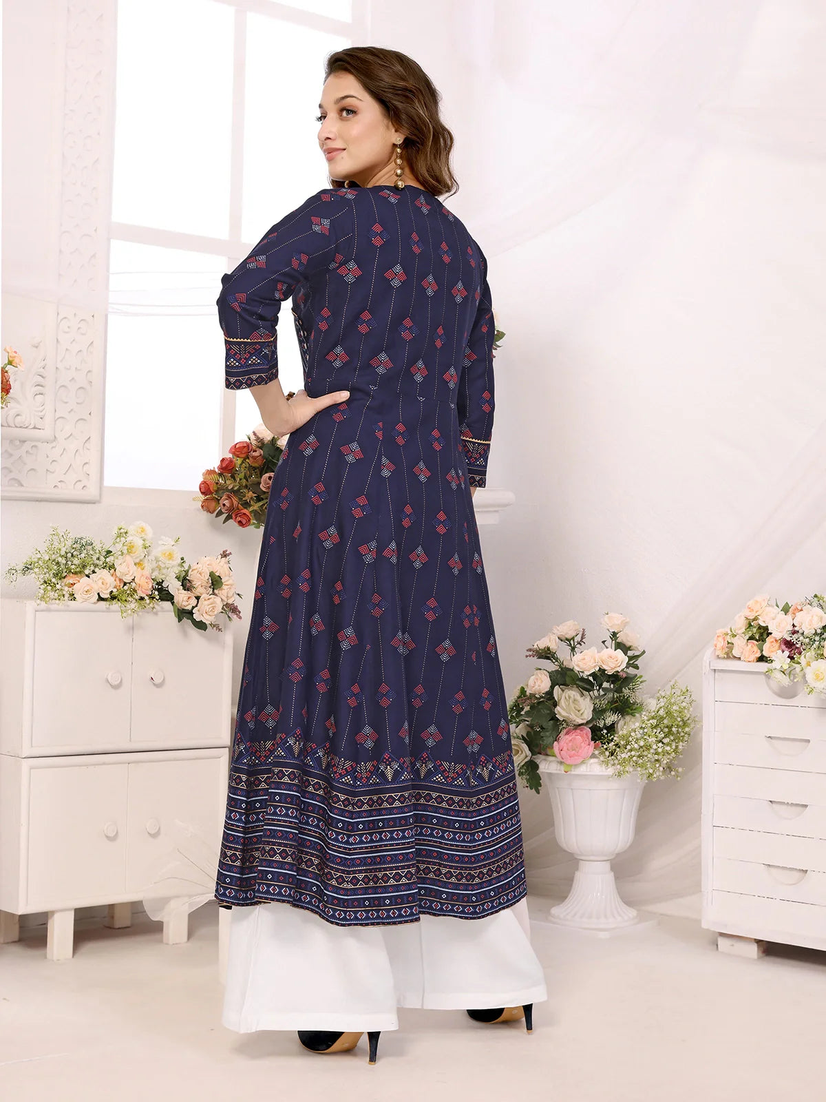 Buy Rayon Printed Calf Length Angrakha Kurta-Navy