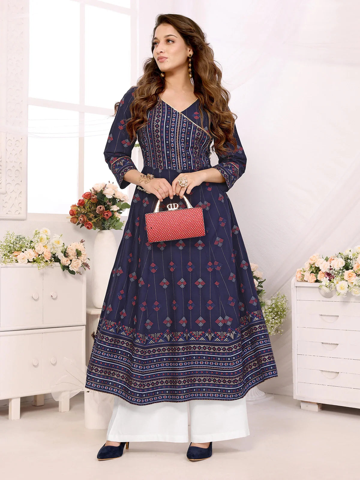 Buy Rayon Printed Calf Length Angrakha Kurta-Navy