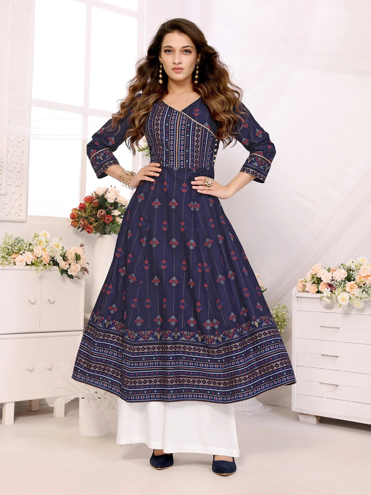 Buy Rayon Printed Calf Length Angrakha Kurta-Navy