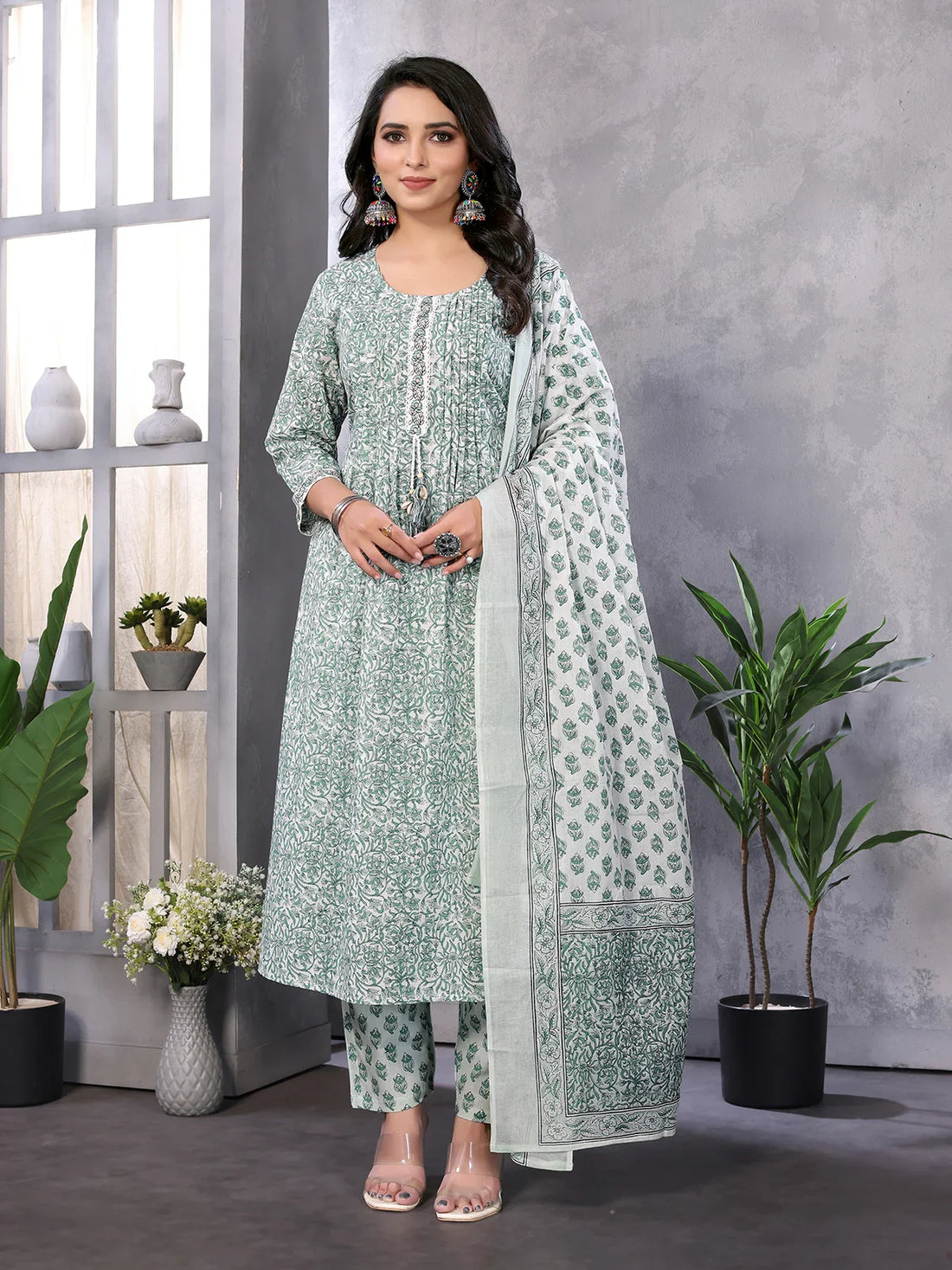 Buy Cotton Embroidered Calf Length A-Line Kurta With Pant And Dupatta-Green