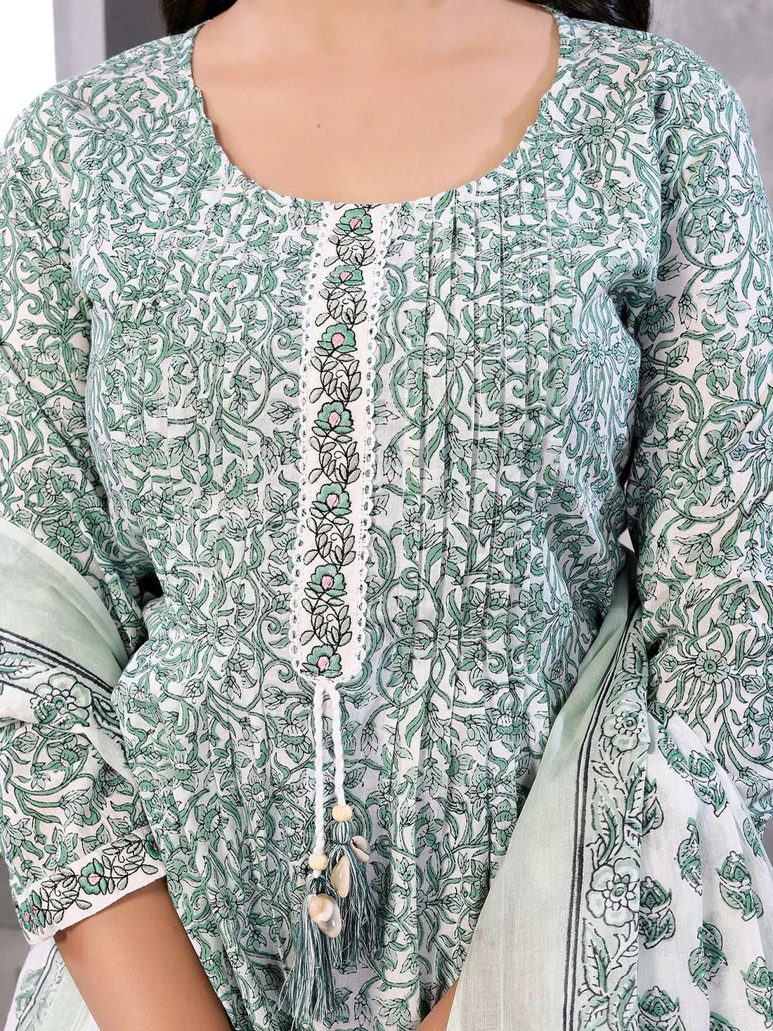 Buy Cotton Embroidered Calf Length A-Line Kurta With Pant And Dupatta-Green