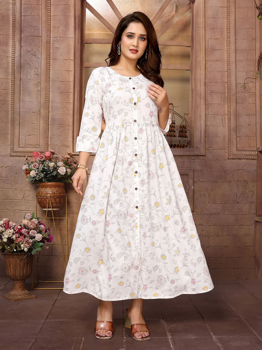 Buy Rayon Printed Ankle Length Flared Dress-Off White