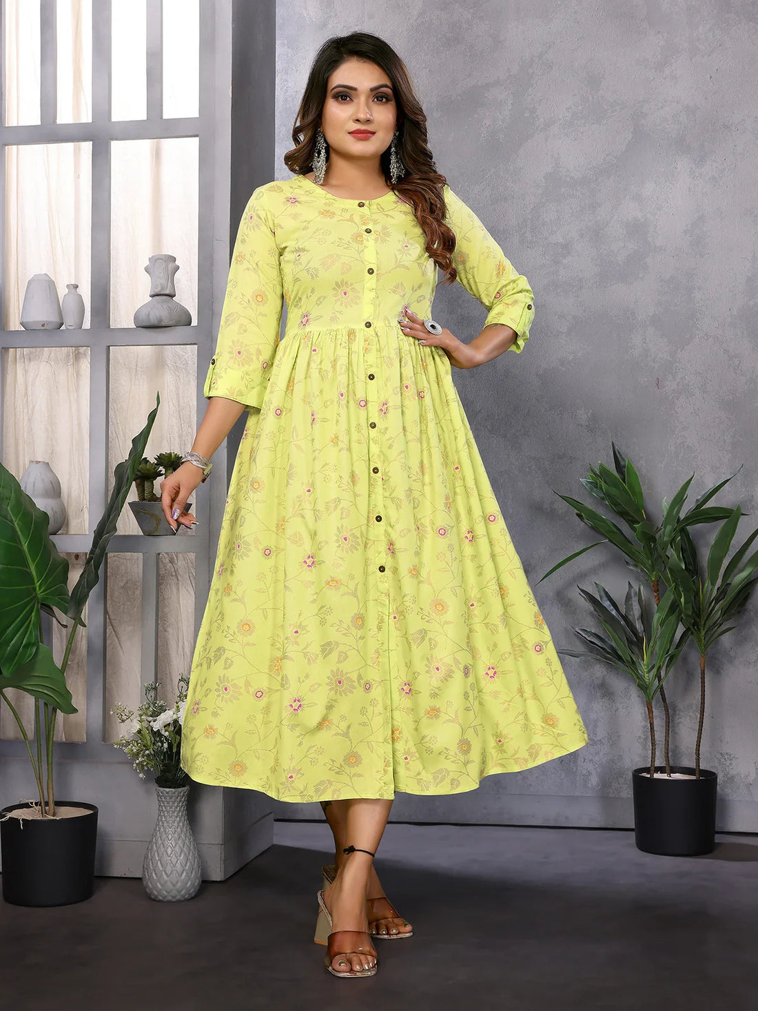 Buy Rayon Printed Calf Length Flared Dress-Lime Green