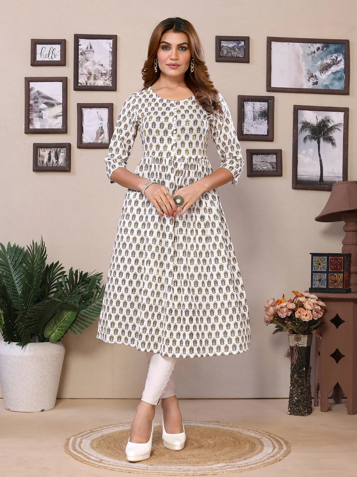 Buy Cotton Embroidered Calf Length Flared Kurta-Off White