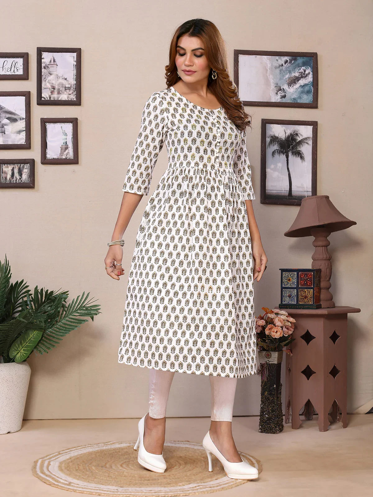 Buy Cotton Embroidered Calf Length Flared Kurta-Off White