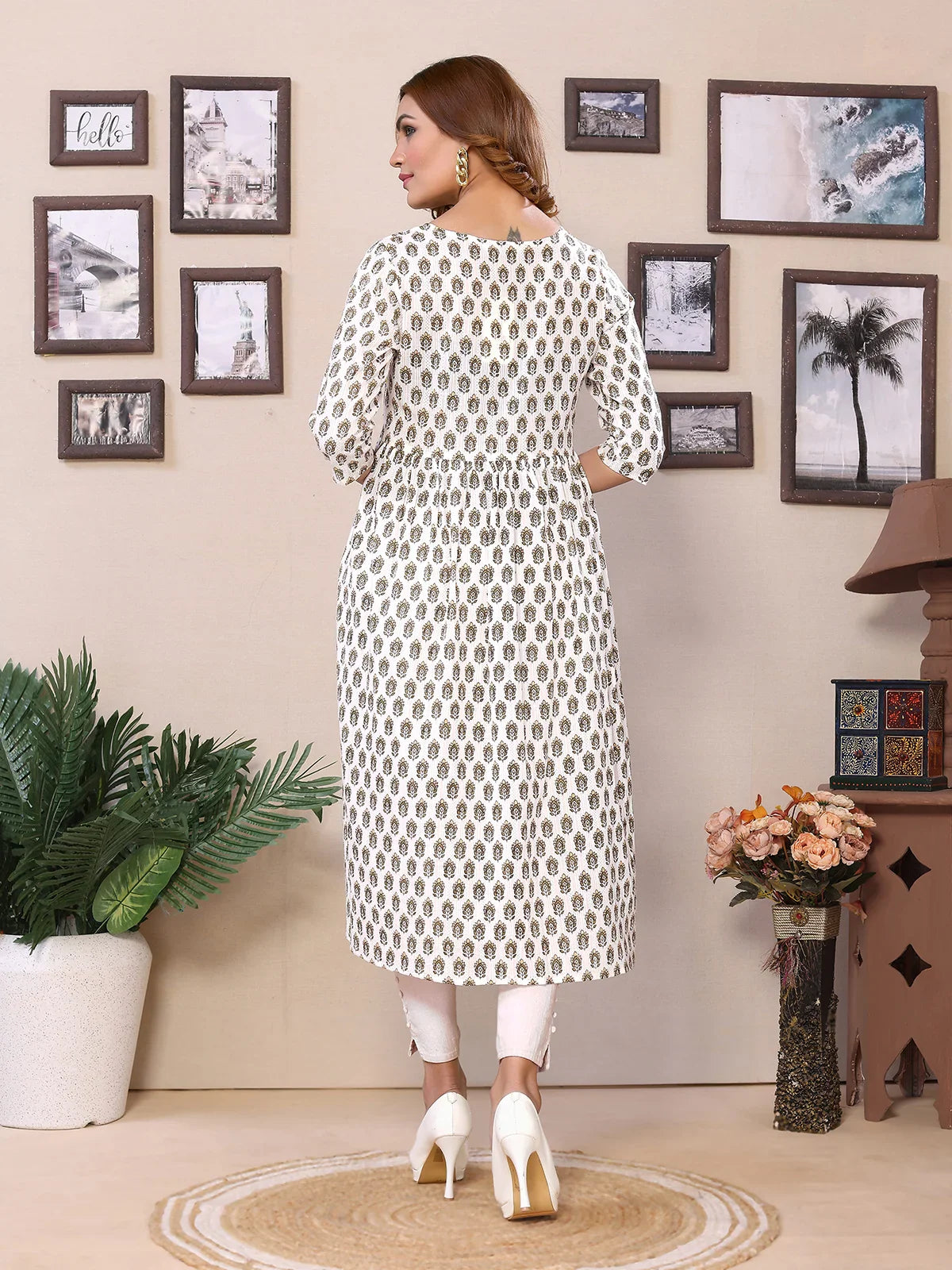 Buy Cotton Embroidered Calf Length Flared Kurta-Off White