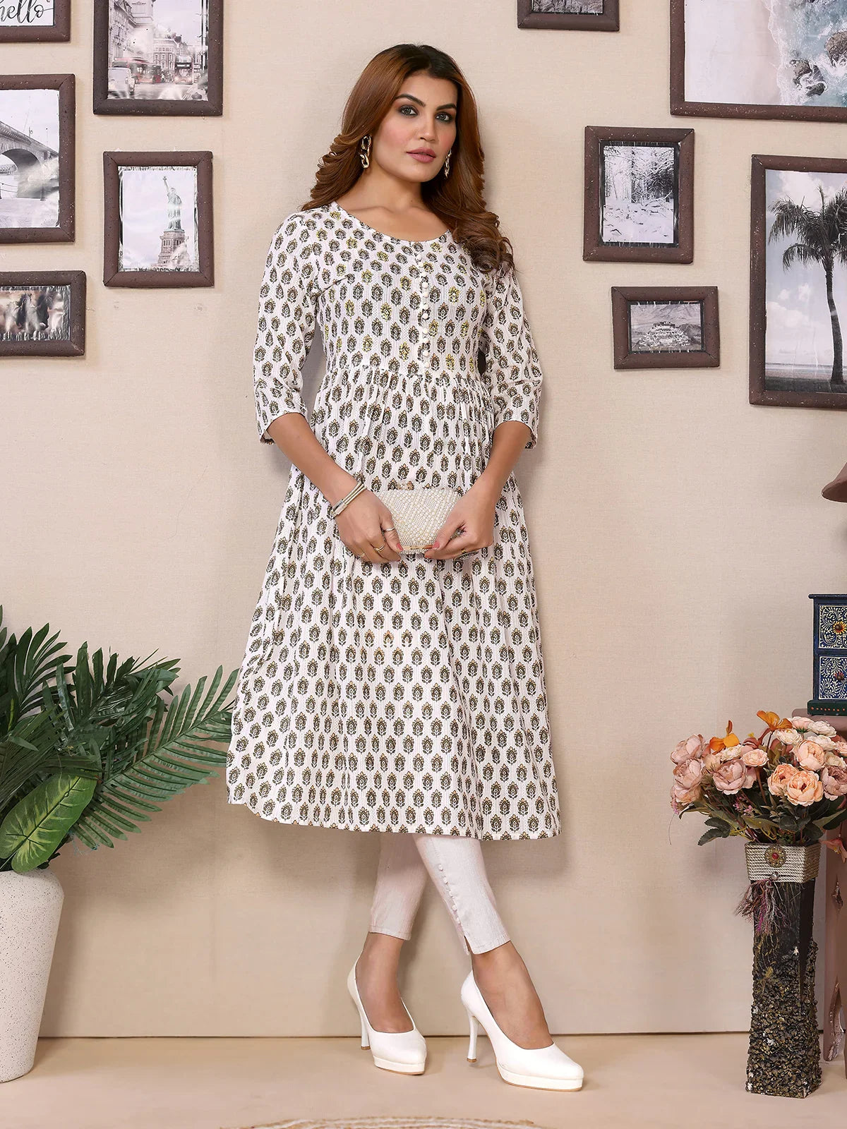 Buy Cotton Embroidered Calf Length Flared Kurta-Off White