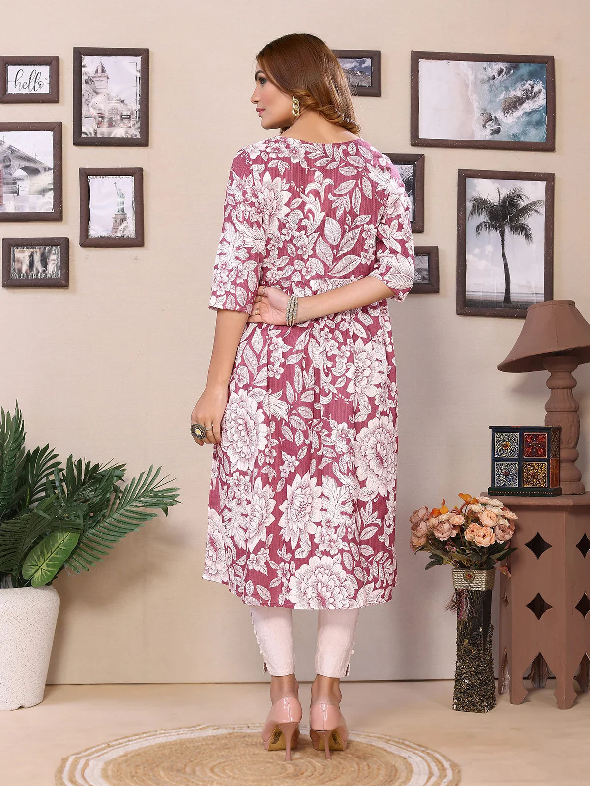 Buy Cotton Embroidered Calf Length Flared Kurta-Pink