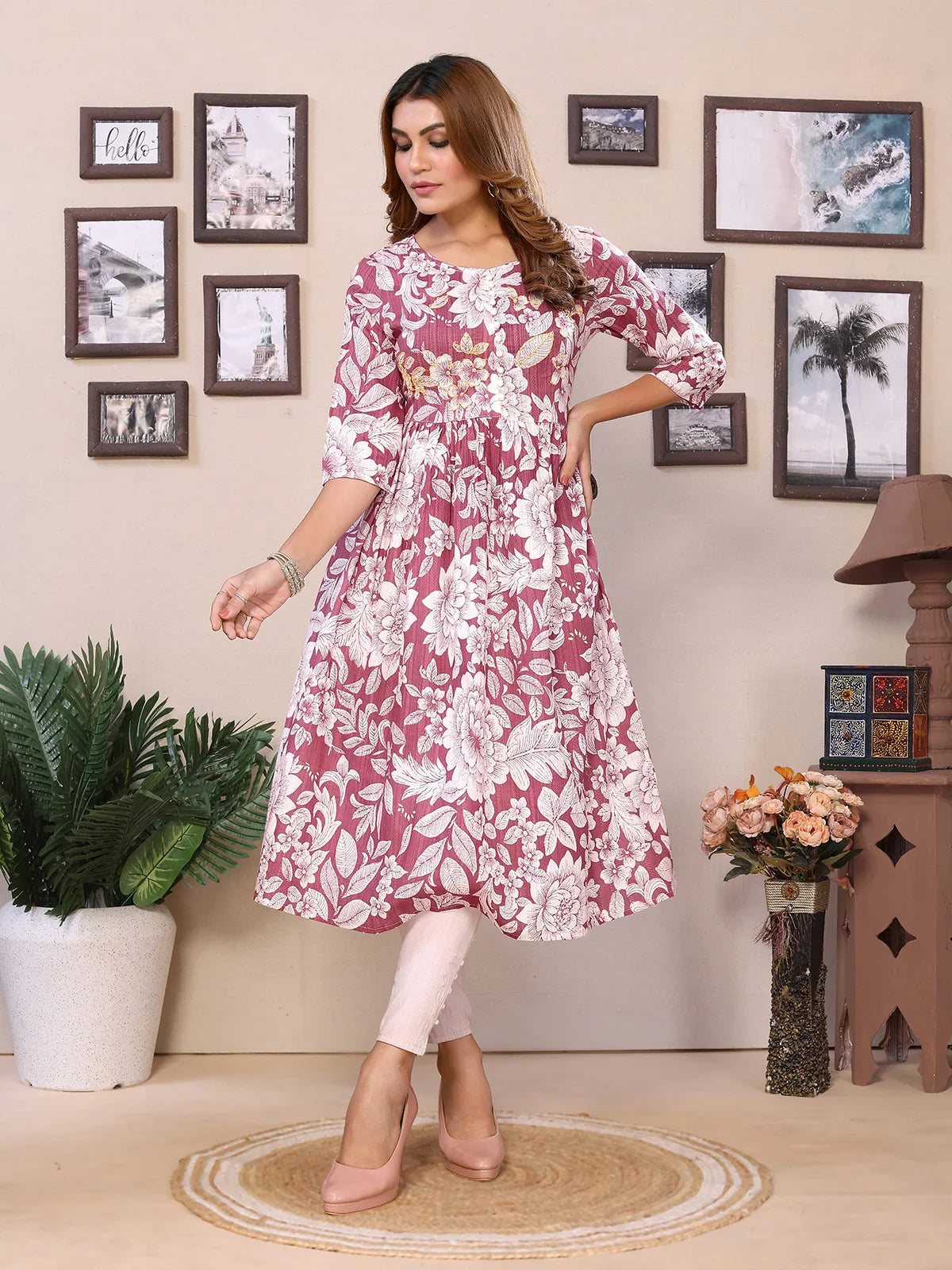 Buy Cotton Embroidered Calf Length Flared Kurta-Pink