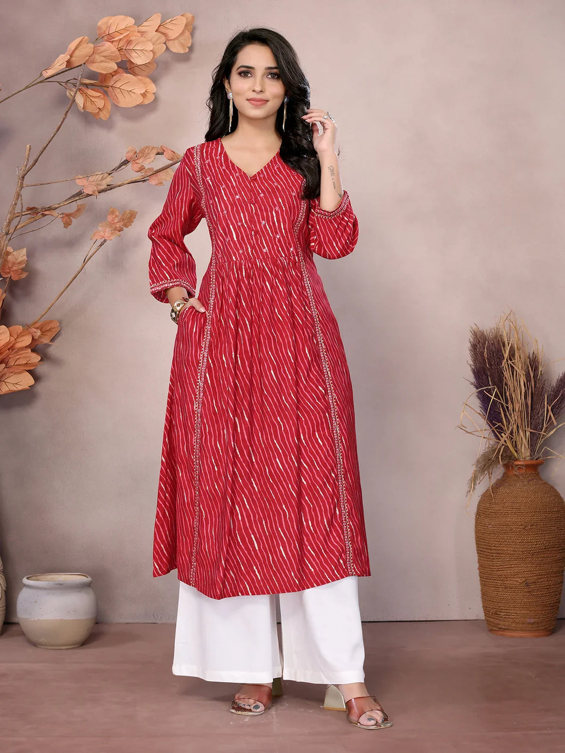 Buy Chanderi Embroidered Calf Length Flared Kurta-Red