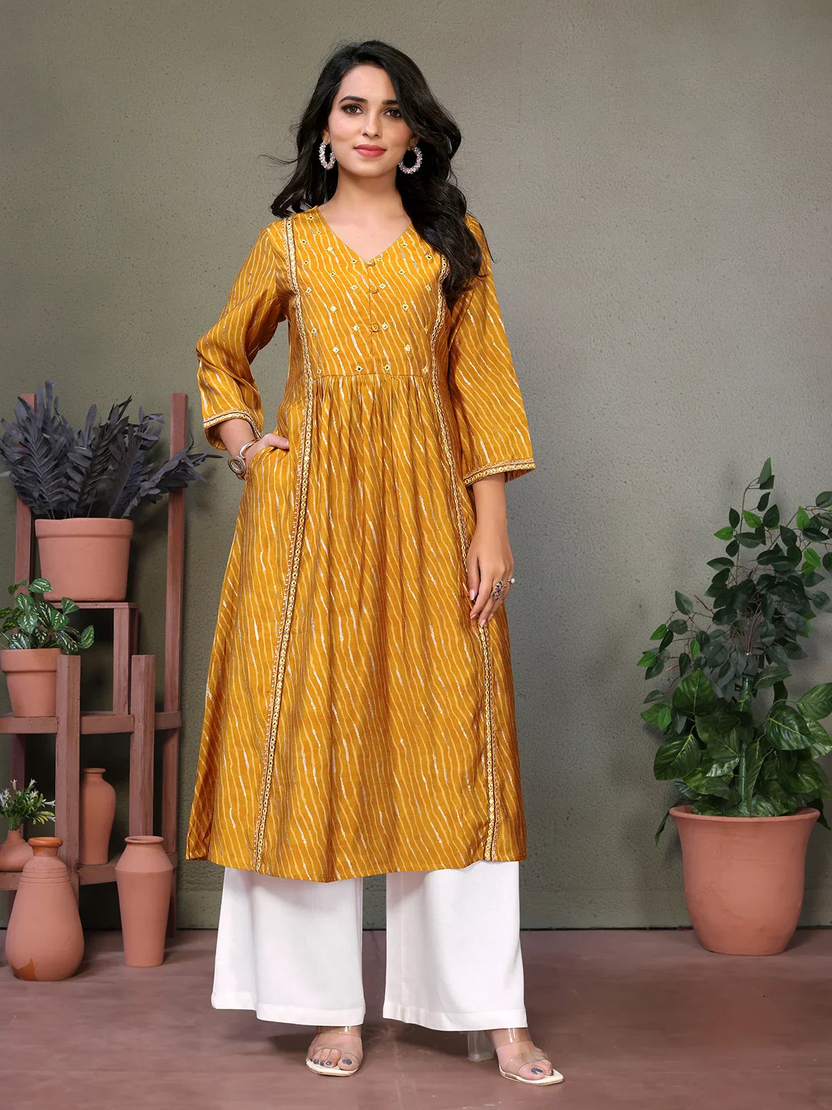 Buy Chanderi Embroidered Calf Length Flared Kurta-Mustard