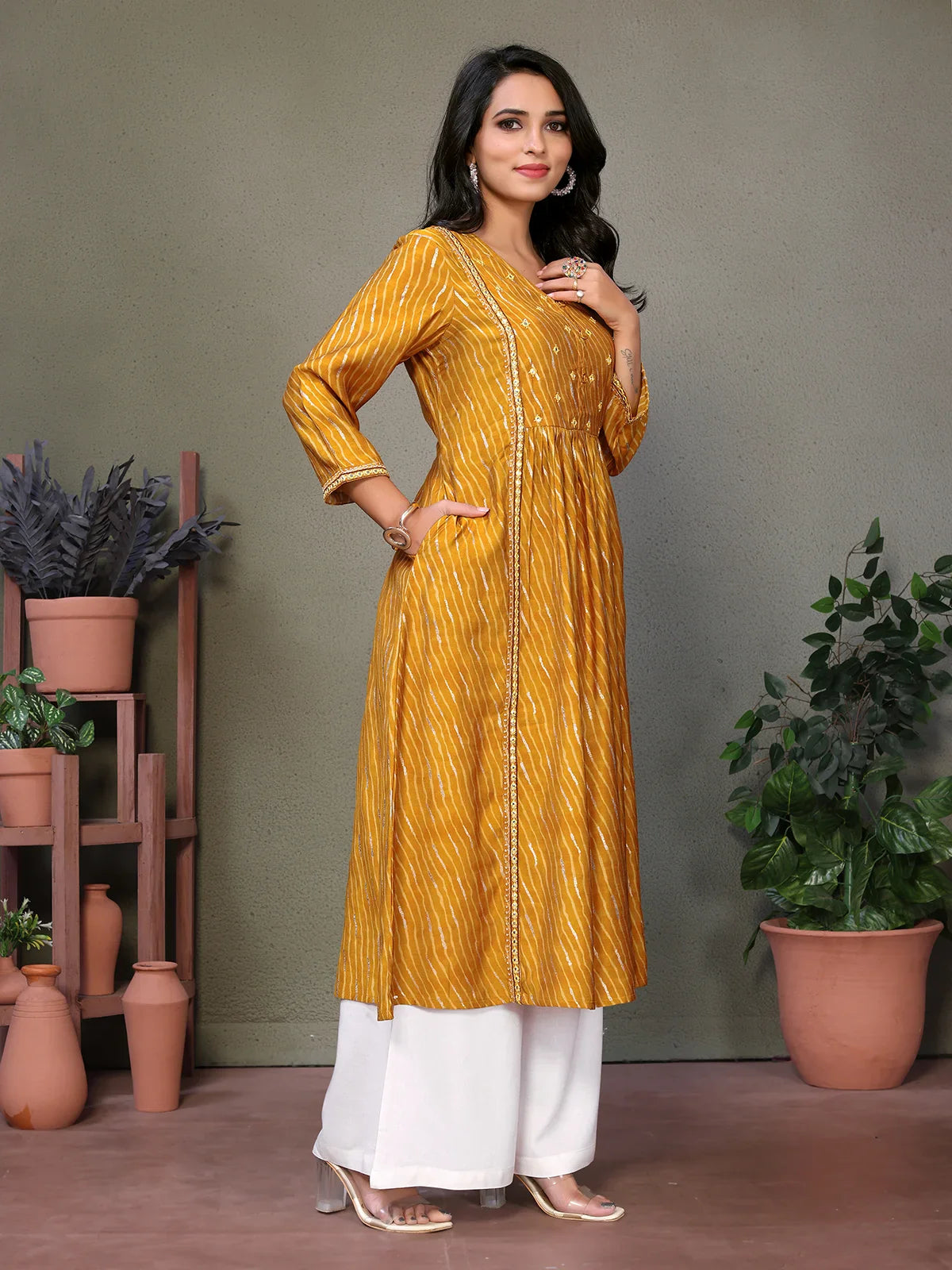 Buy Chanderi Embroidered Calf Length Flared Kurta-Mustard