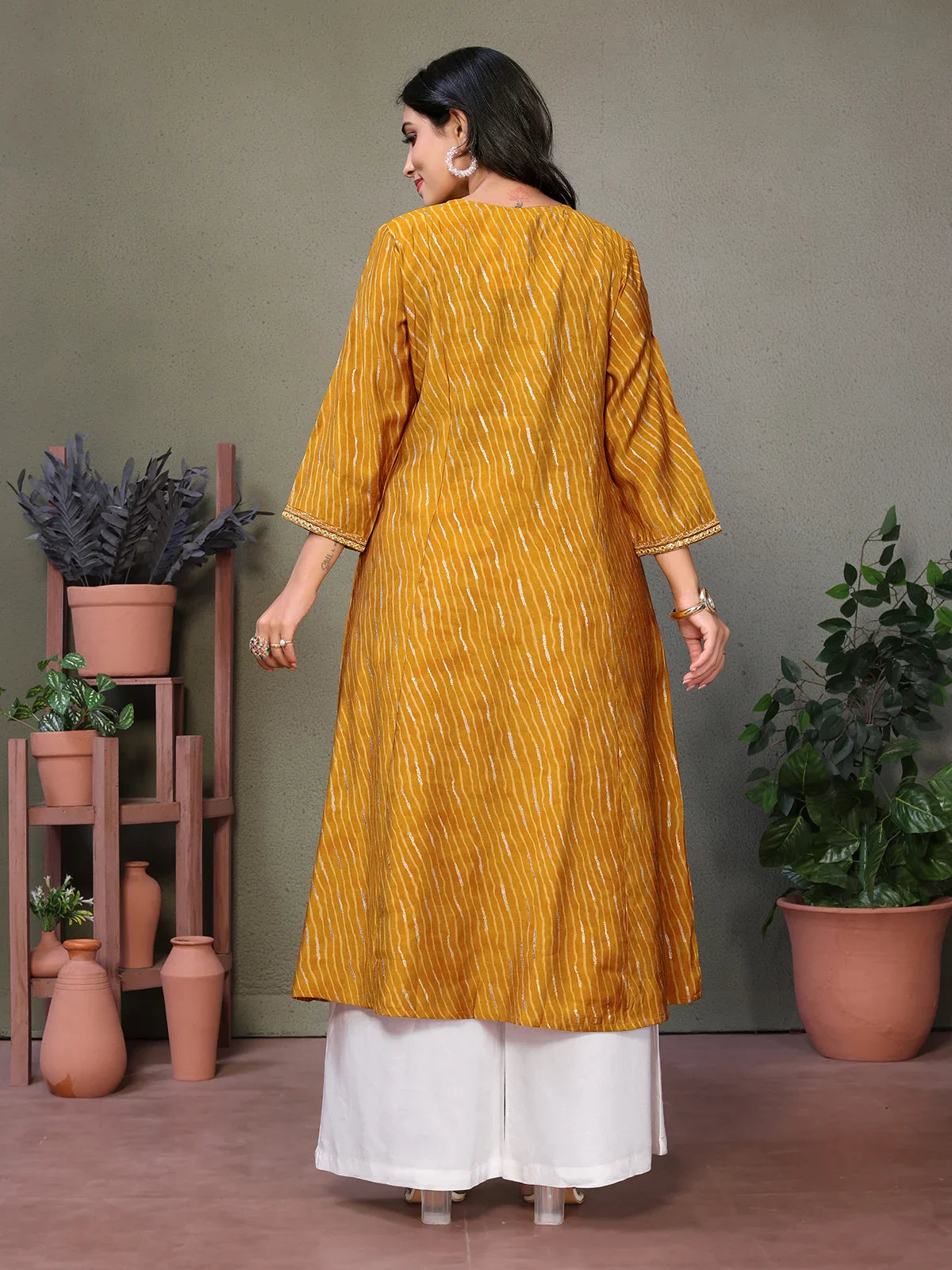 Buy Chanderi Embroidered Calf Length Flared Kurta-Mustard