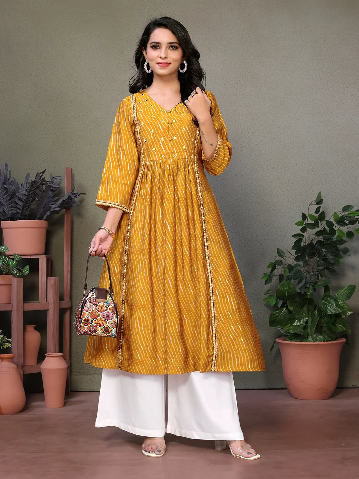 Buy Chanderi Embroidered Calf Length Flared Kurta-Mustard