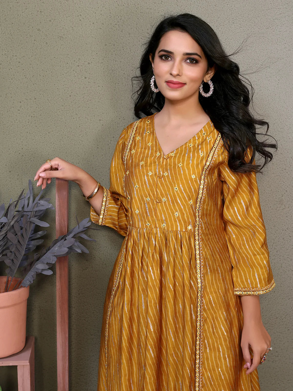 Buy Chanderi Embroidered Calf Length Flared Kurta-Mustard