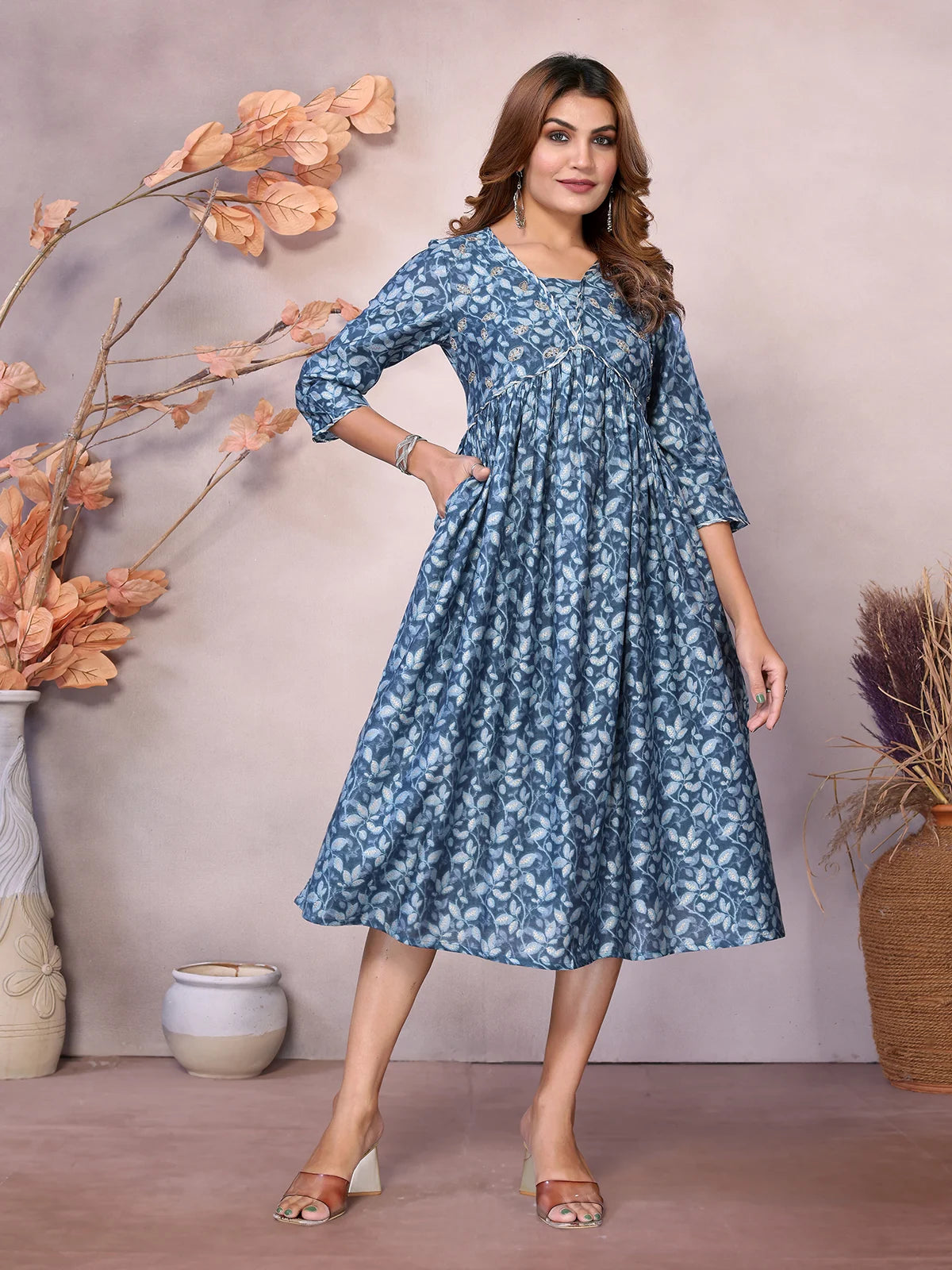 Buy Chanderi Embroidered Calf Length Flared Dress-Blue