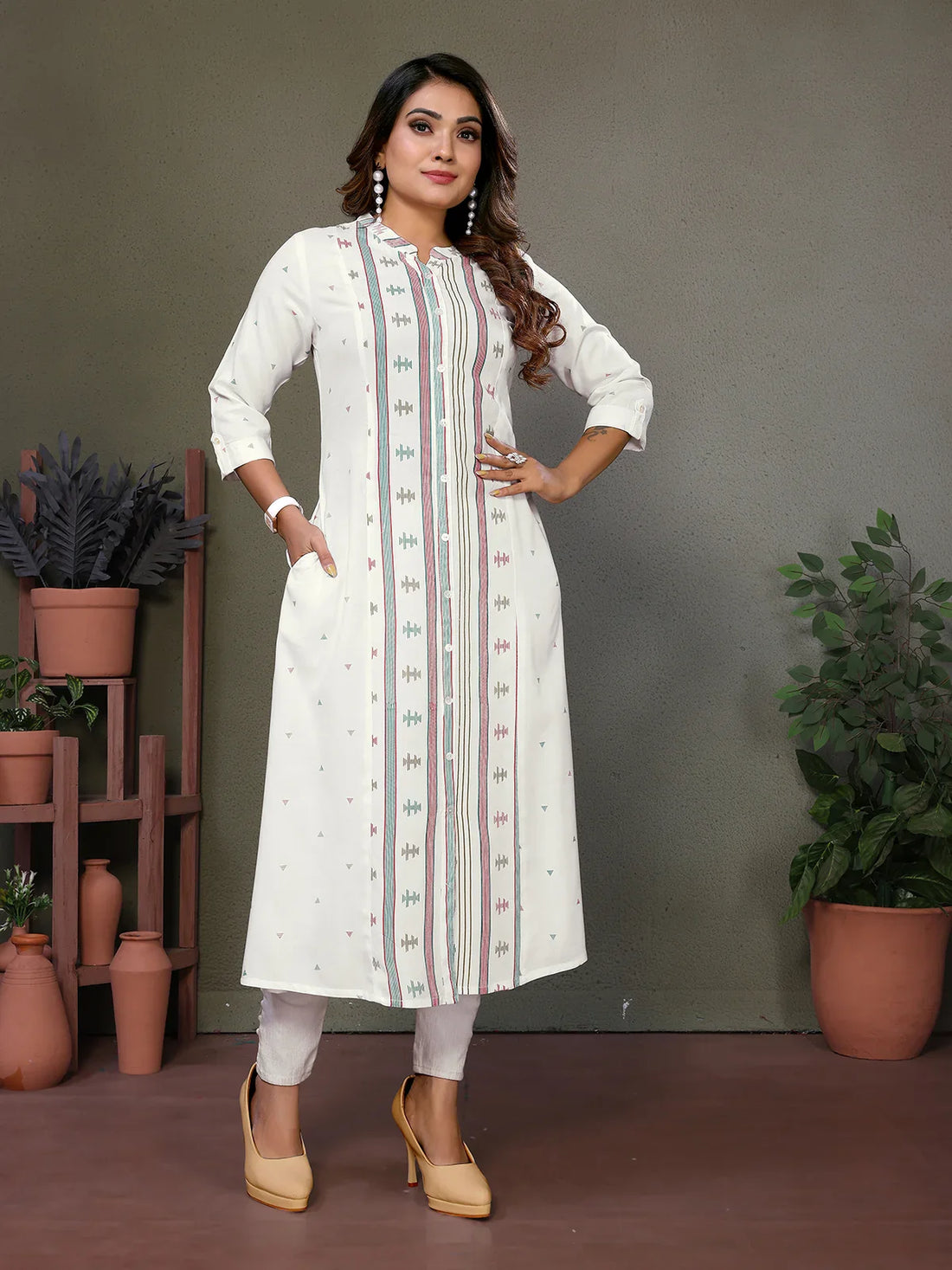 Buy Rayon Printed Calf Length A-Line Kurta-Off White