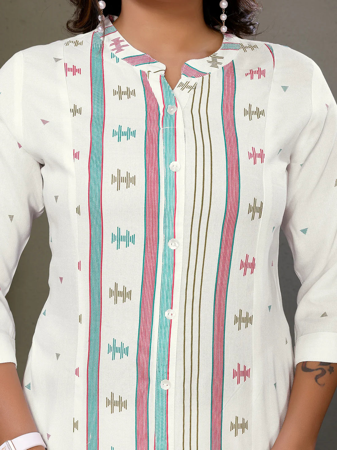 Buy Rayon Printed Calf Length A-Line Kurta-Off White