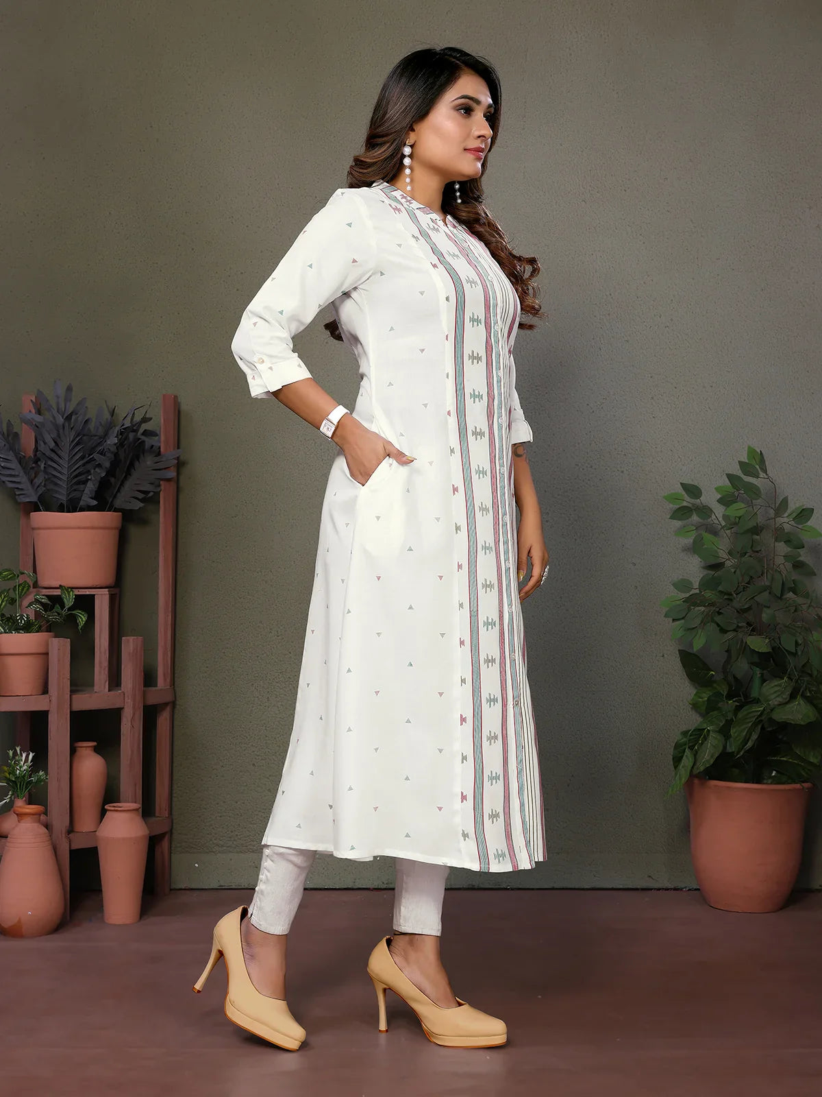 Buy Rayon Printed Calf Length A-Line Kurta-Off White