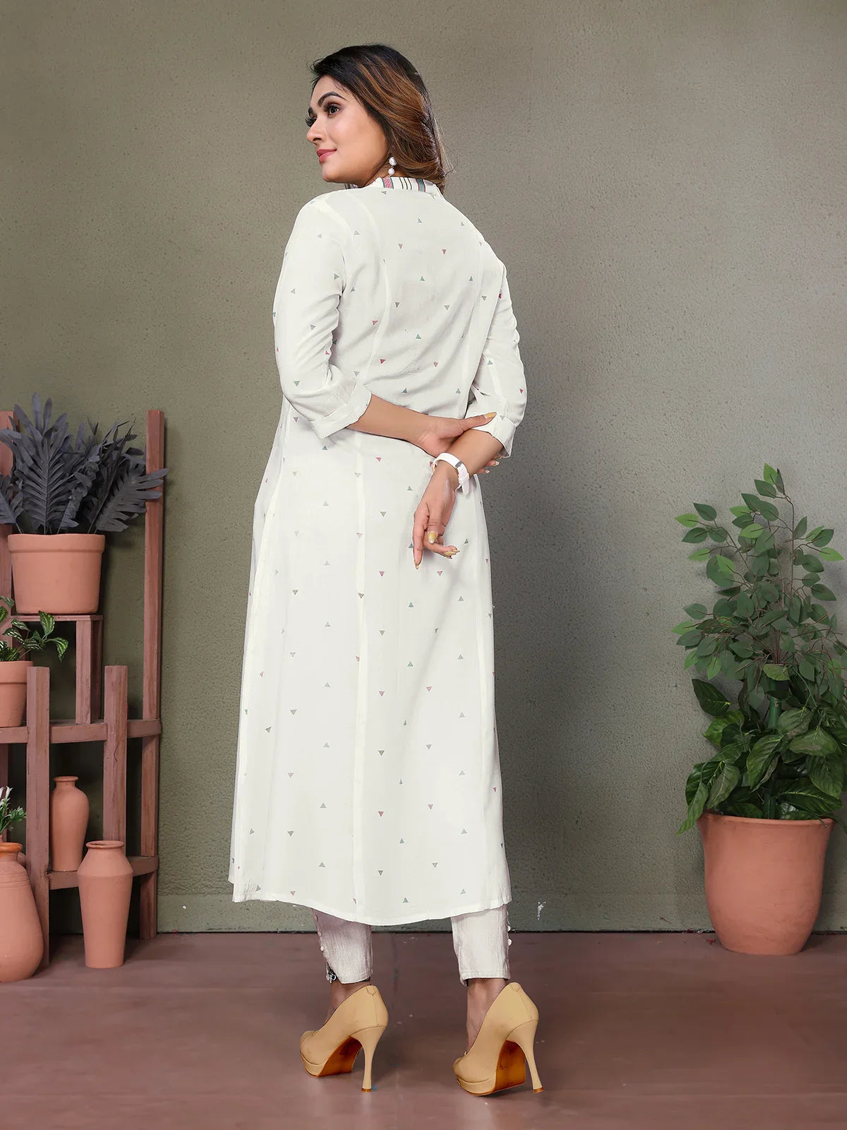 Buy Rayon Printed Calf Length A-Line Kurta-Off White