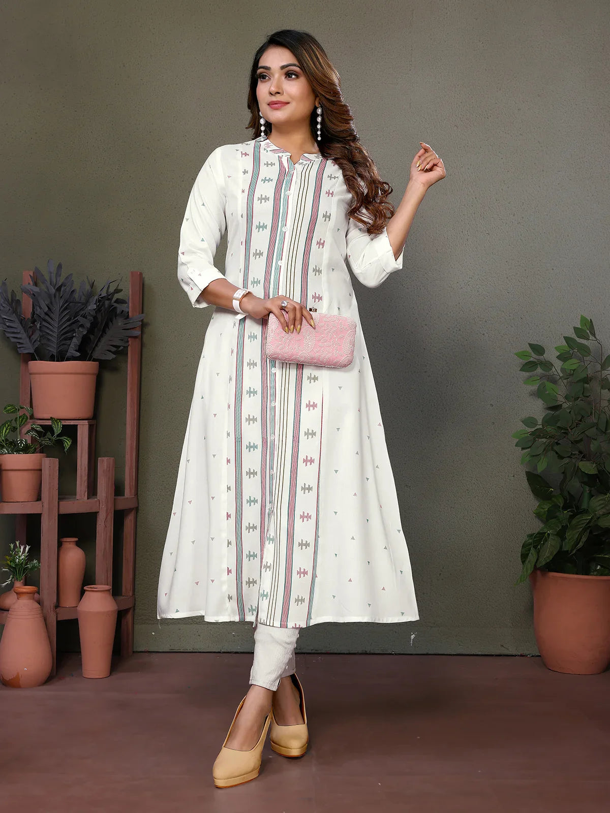 Buy Rayon Printed Calf Length A-Line Kurta-Off White