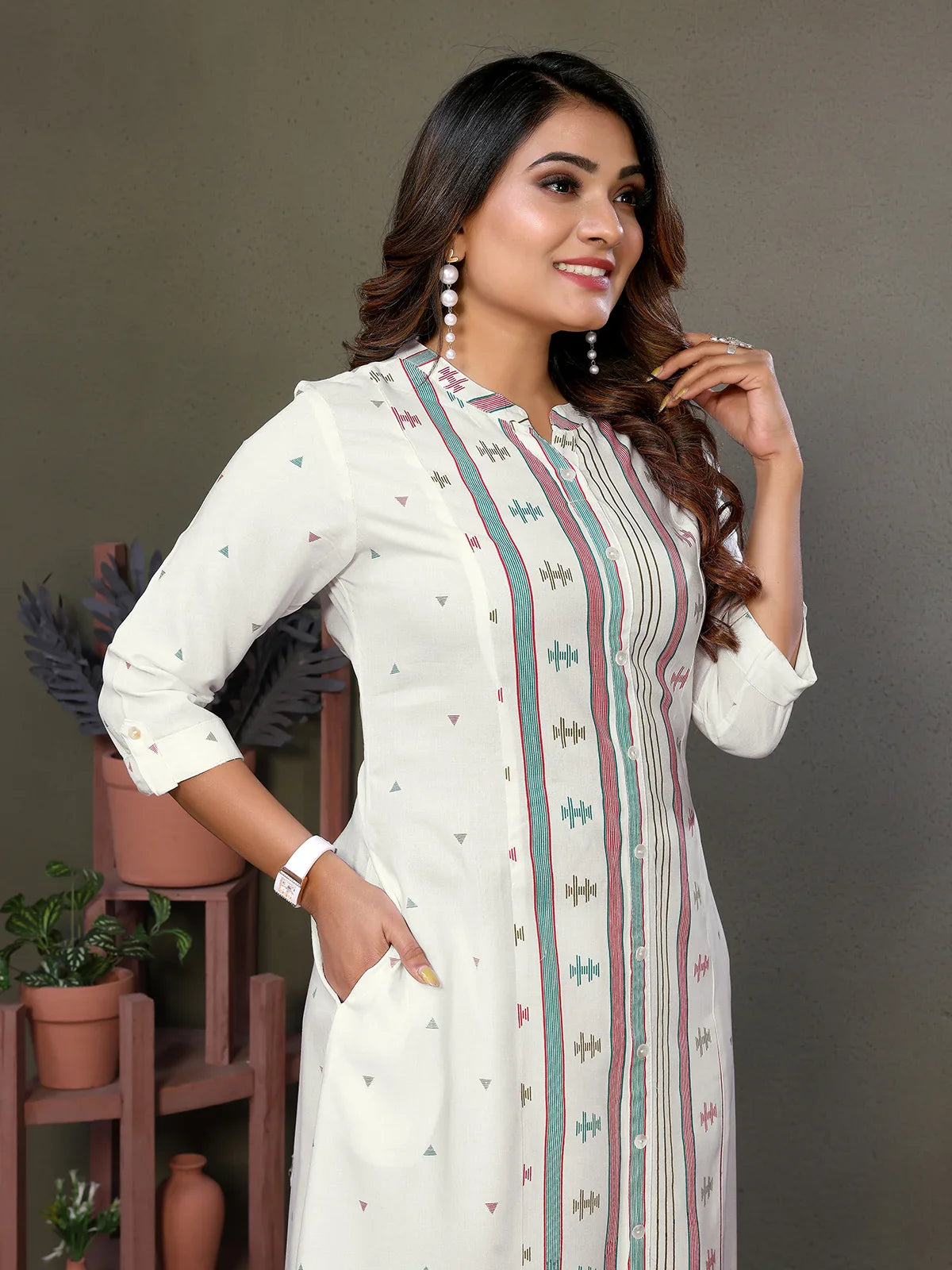 Buy Rayon Printed Calf Length A-Line Kurta-Off White