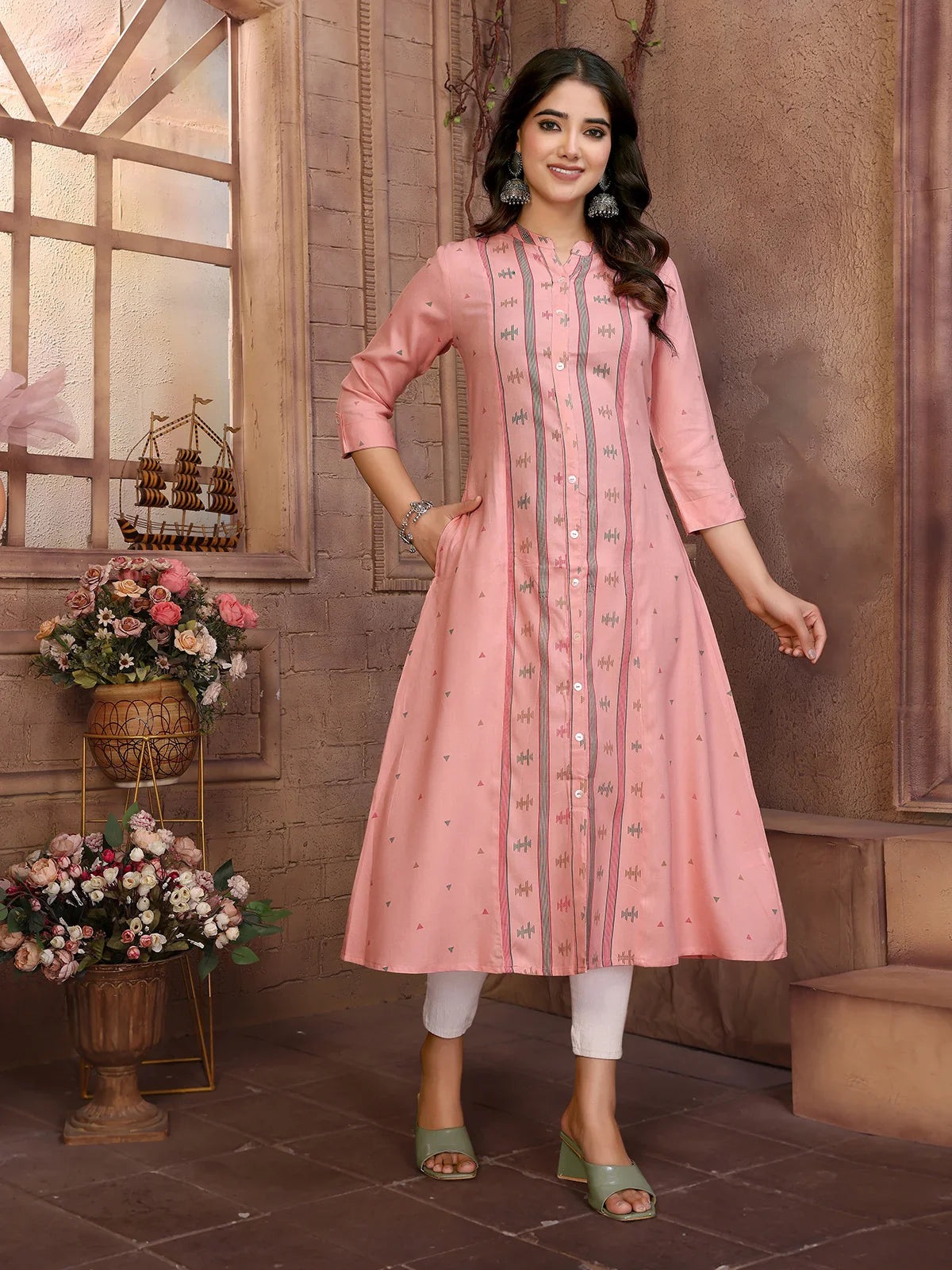 Buy Rayon Printed Calf Length A-Line Kurta-Pink