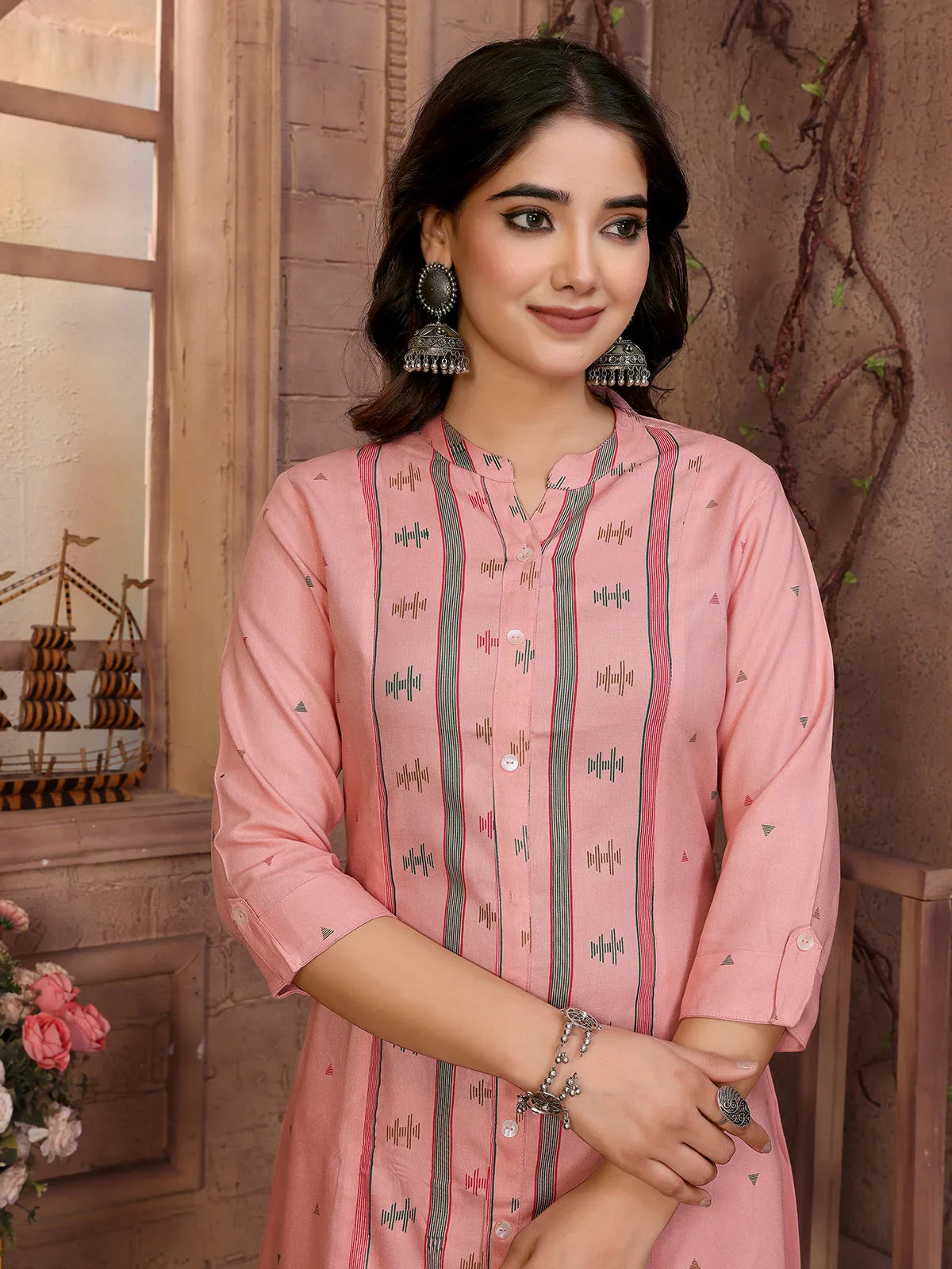 Buy Rayon Printed Calf Length A-Line Kurta-Pink