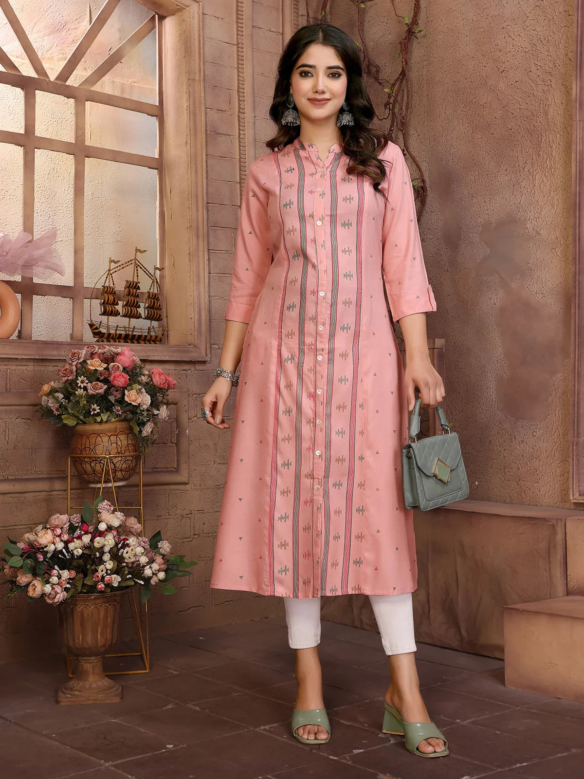 Buy Rayon Printed Calf Length A-Line Kurta-Pink